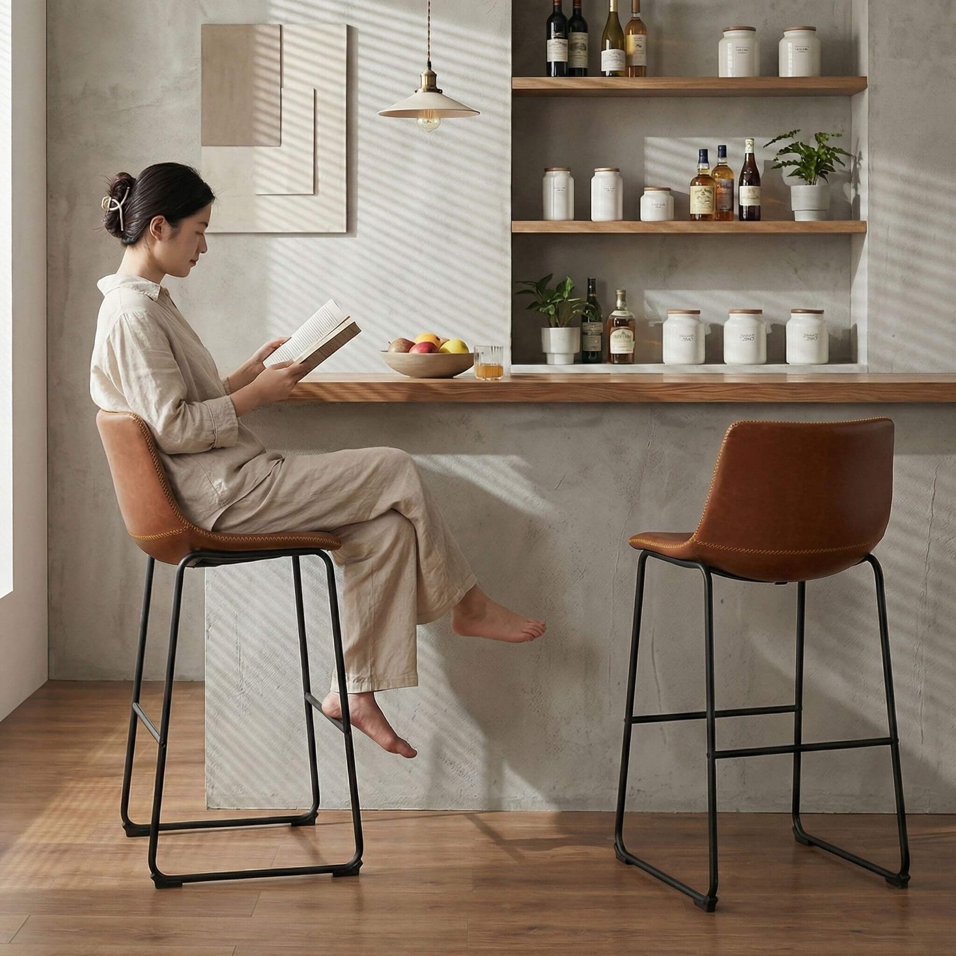 Faux Leather Bar Stools with Metal Legs for Kitchen & Counter