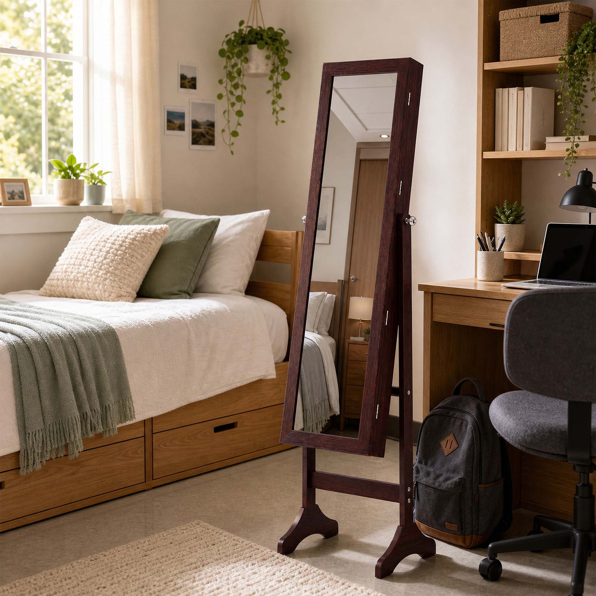 Freestanding Adjustable Full Length Mirror Jewelry Cabinet