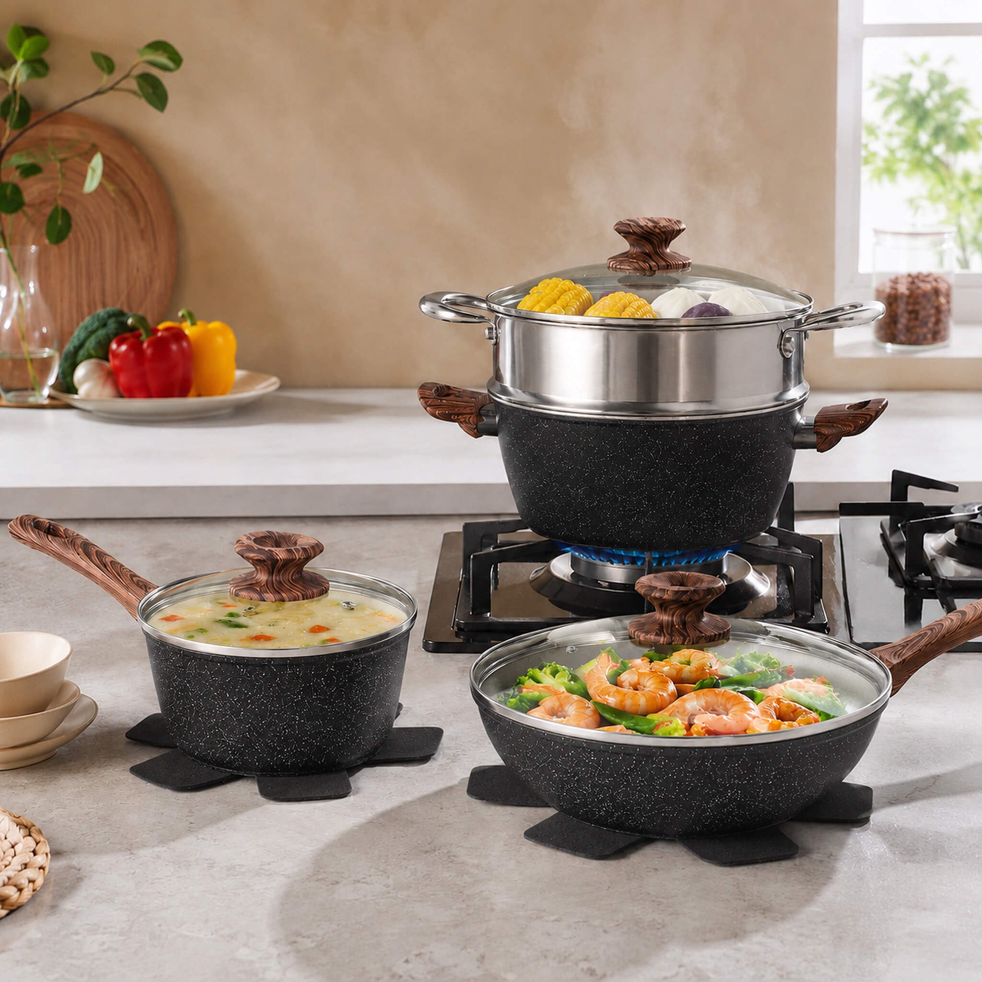 17-Piece Non-Stick Cookware Set with Detachable Handles