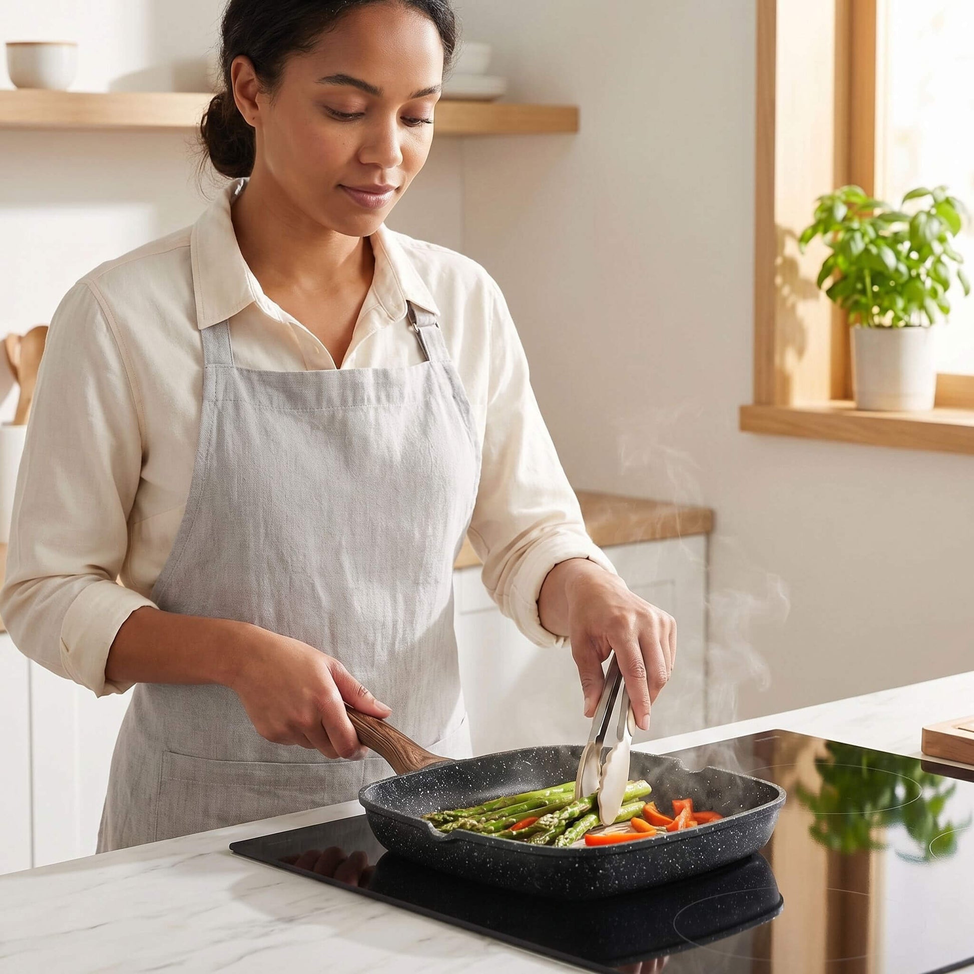 Nonstick Cookware Set, Square Frying Pan Set with Wooden Handle