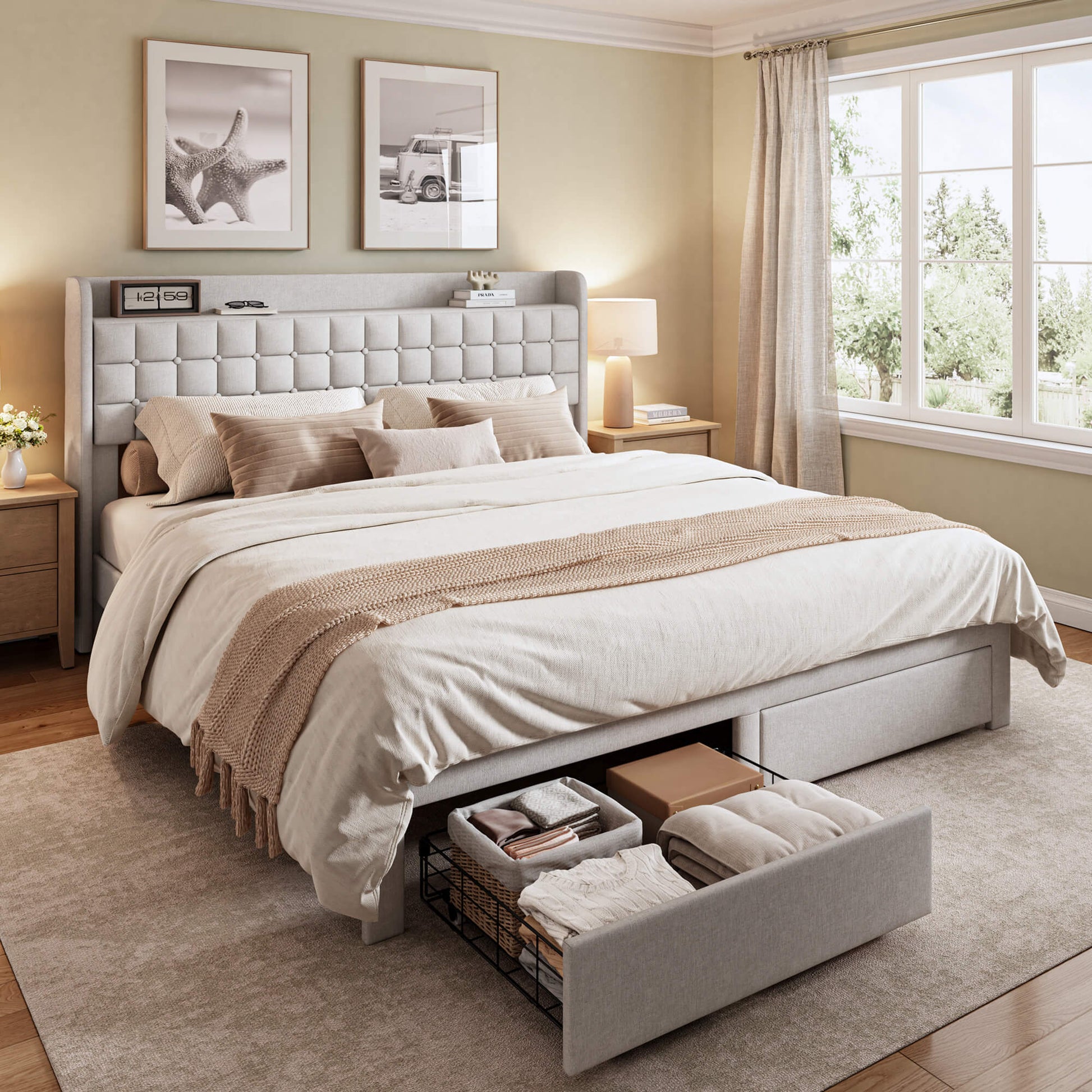 Upholstered Heavy Duty Platform Bed Frame with Drawers