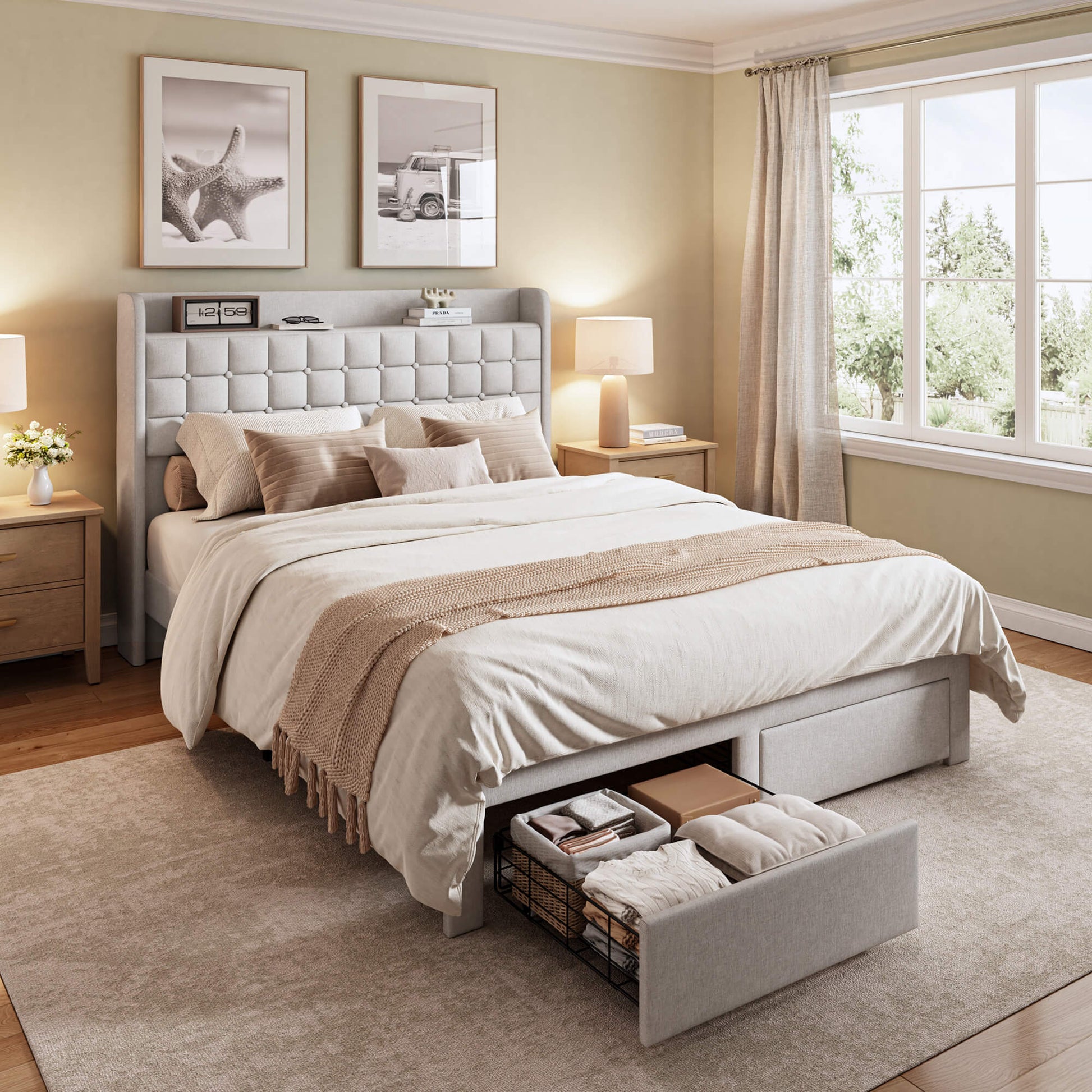 Upholstered Heavy Duty Platform Bed Frame with Drawers