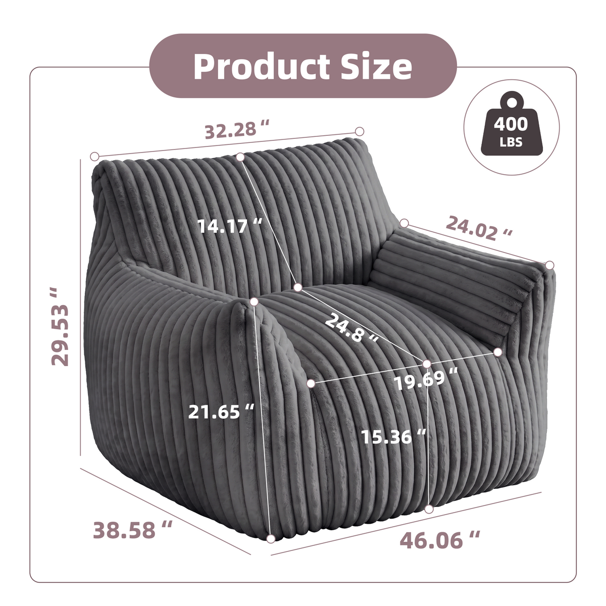 Foam Bean Bag Chair, High-Rebound Sponge Soft Lounge Chair for Bedroom & Living Room