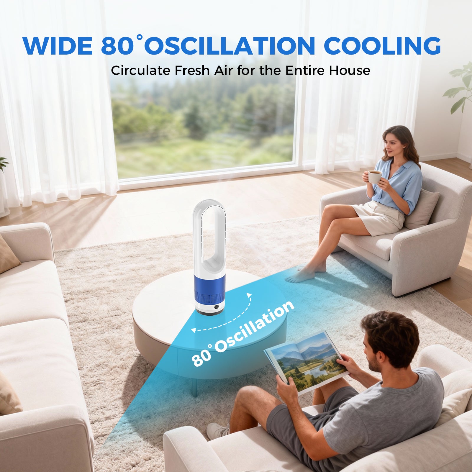Bladeless Tower Fan ，80° Oscillation Quiet Cooling Fan