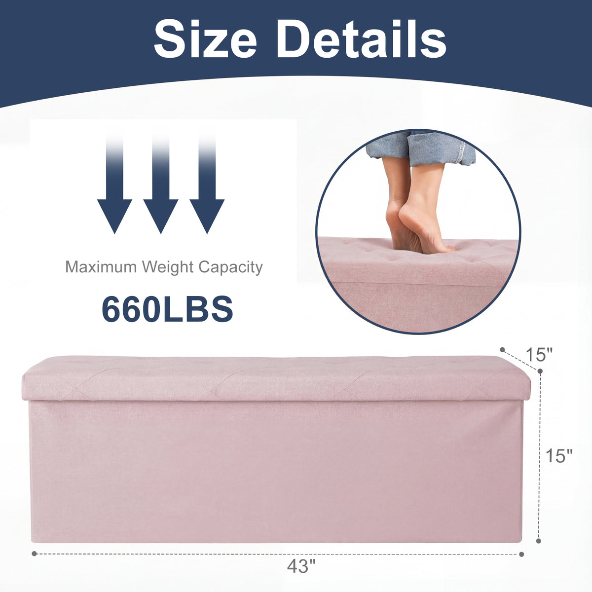 Folding Storage Ottoman Bench with Linen Cushion Top, Versatile Footrest for Bedroom