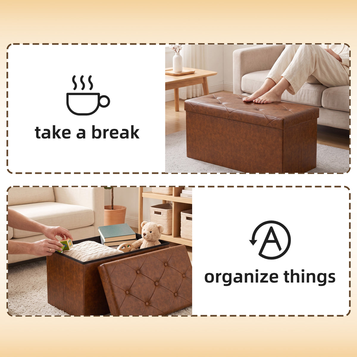 Storage Ottoman Bench, Foldable PVC Leather Chest &amp; Foot Stool with Padded Seat for Bedroom, Supports 660 lbs