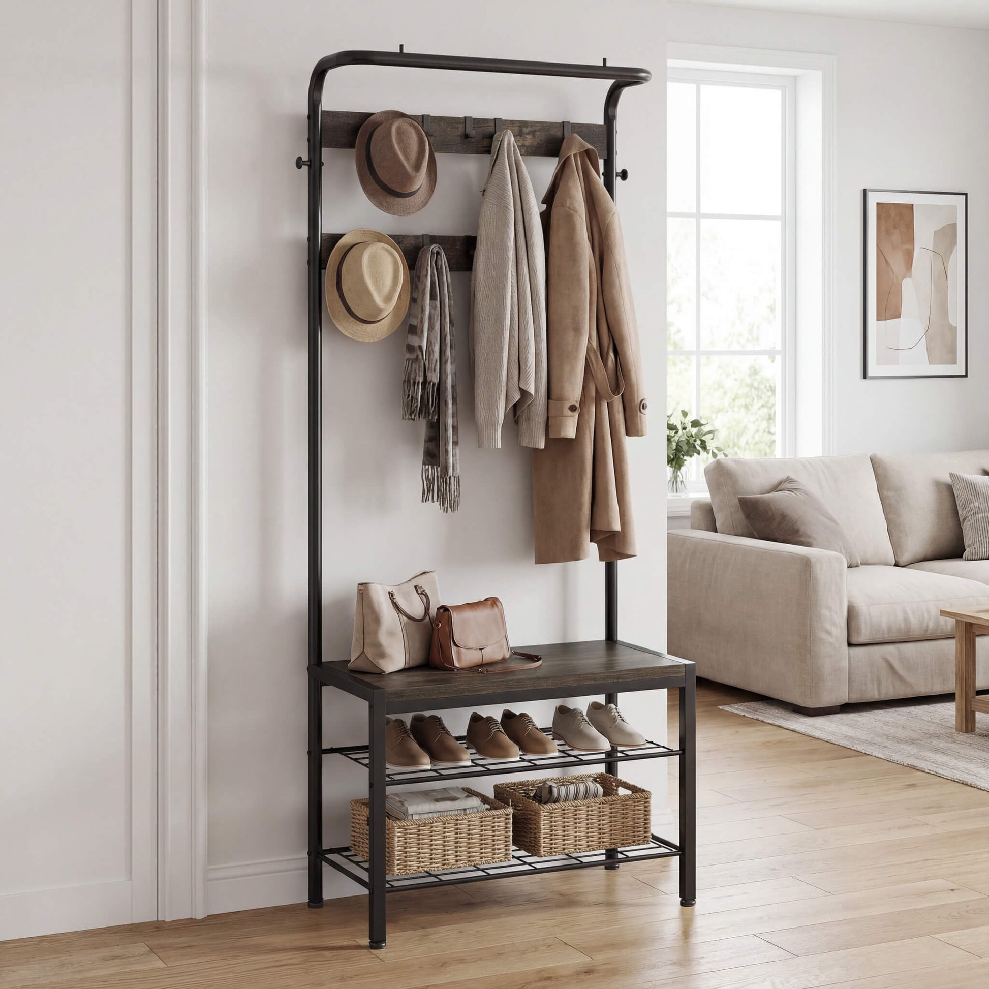 Modern Coat Rack with Shoe Bench, Hall Tree for Living Room
