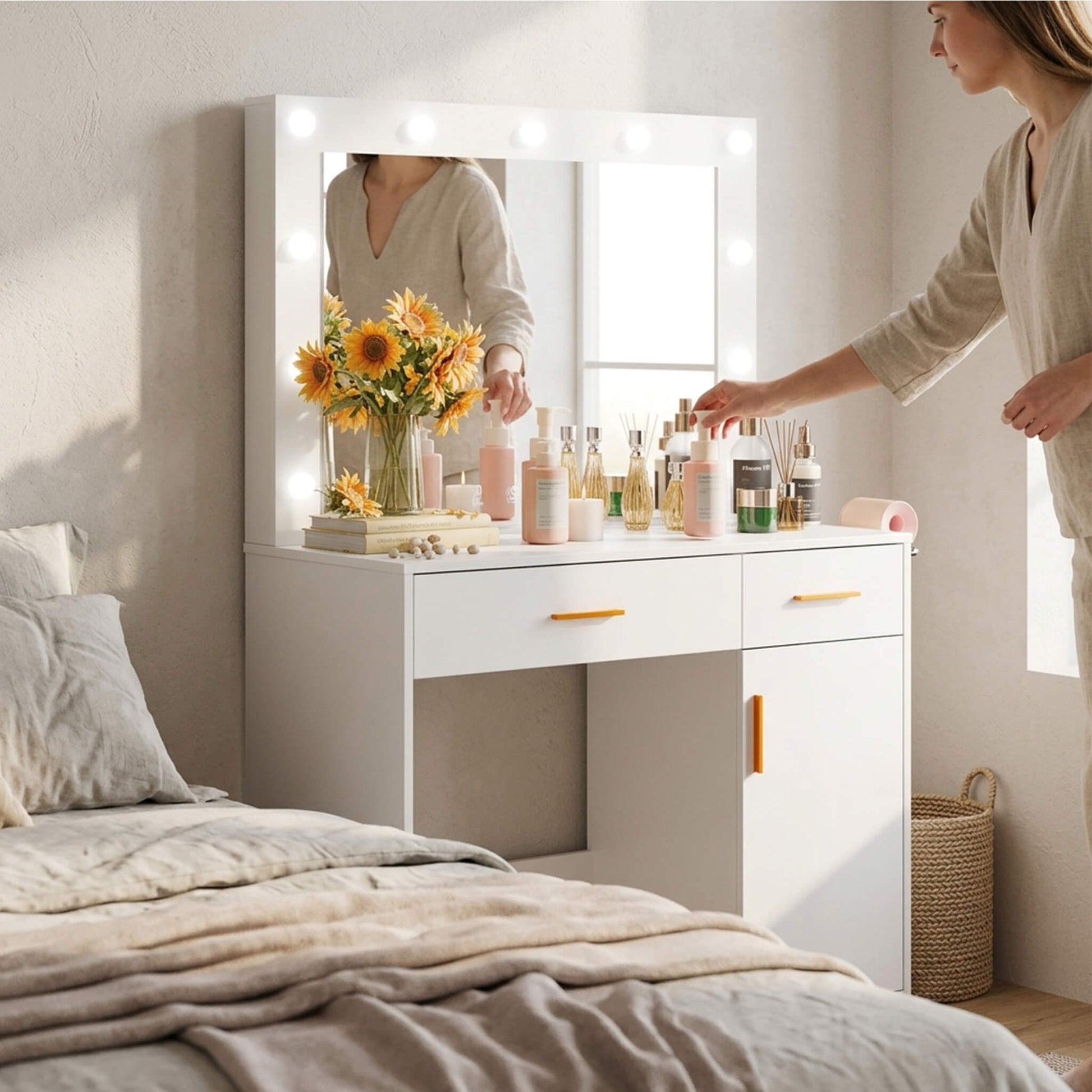Makeup Vanity Desk with Oversized LED Mirror