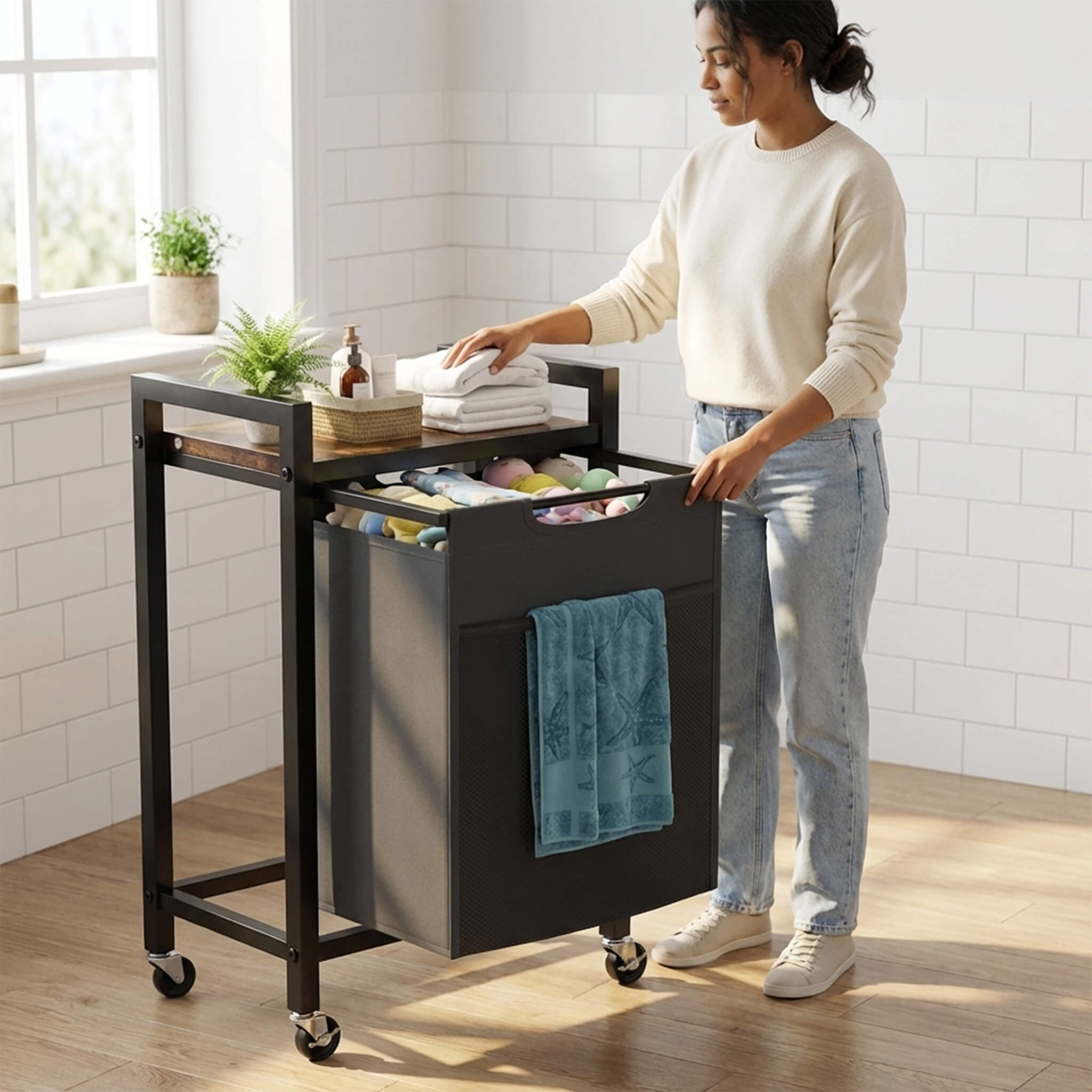 Rolling Laundry Basket with Shelf with Multiple Drawers