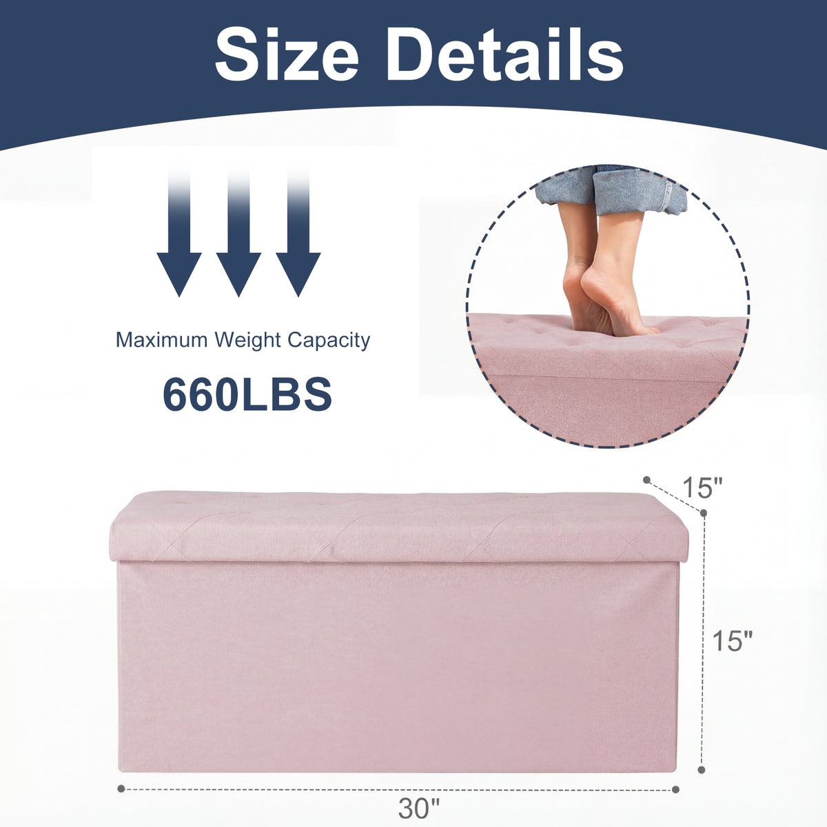 Folding Storage Ottoman Bench with Linen Cushion Top, Versatile Footrest for Bedroom