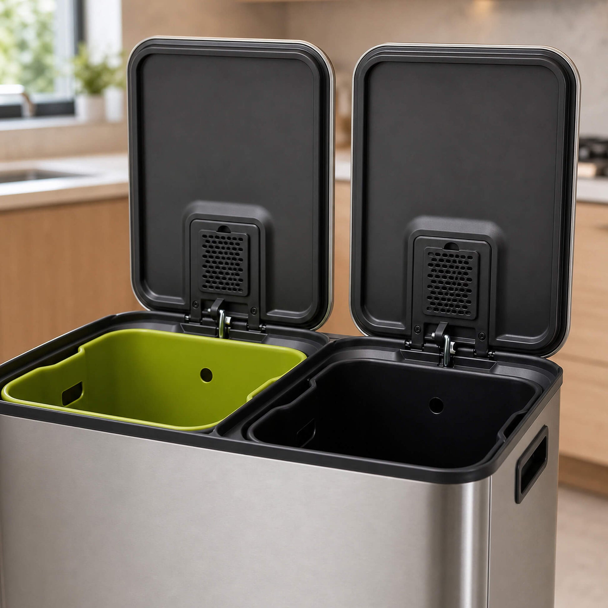 Double-Bin Stainless Steel Trash Can with Lid