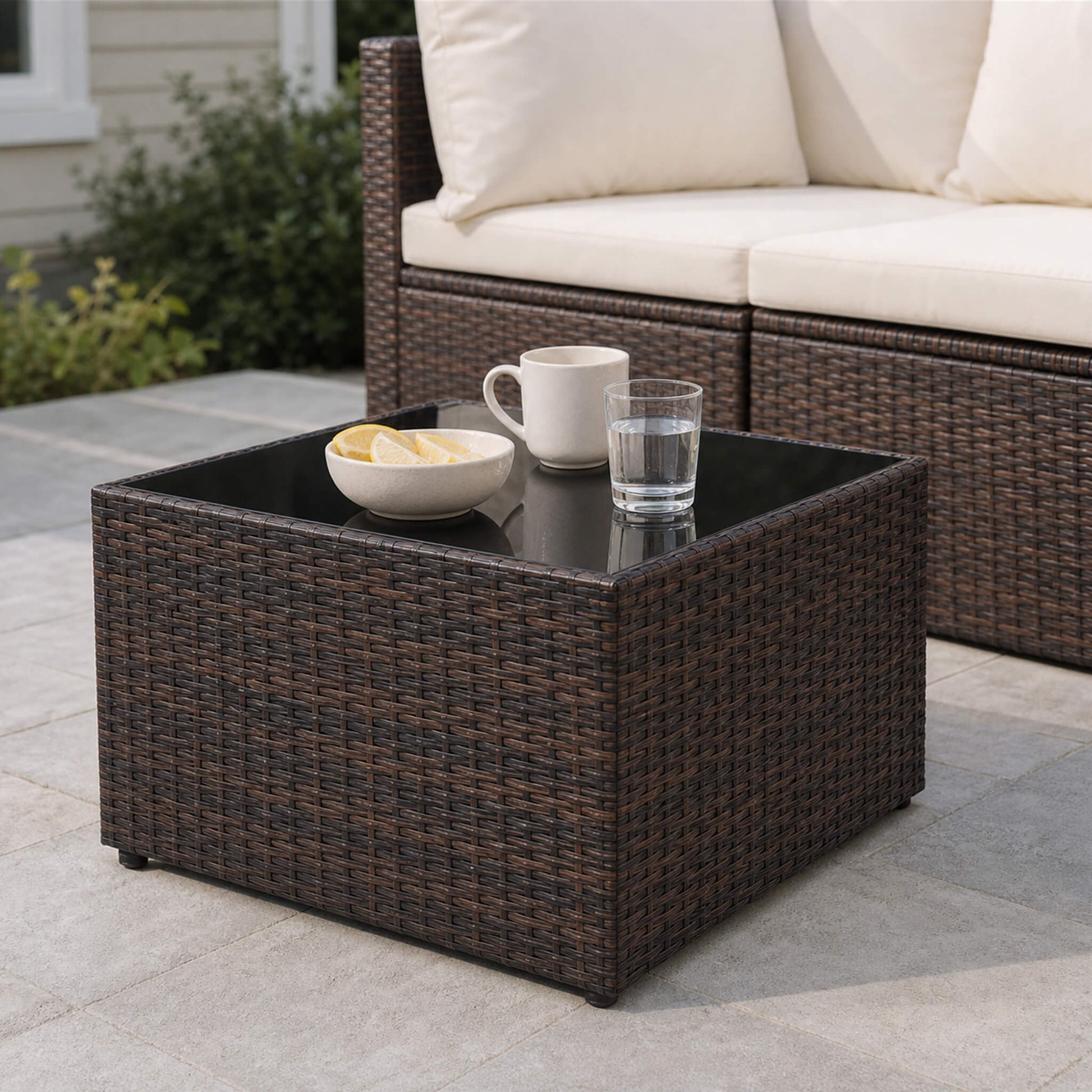 Outdoor Wicker Sectional Sofa Set-6 Sectionals & Glass Table