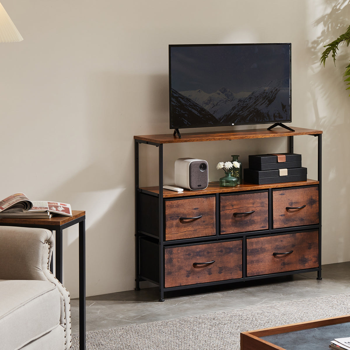 Modern TV Stand with 5 Fabric Drawers, Adjustable Feet, TV Cabinet for Living Room Bedroom