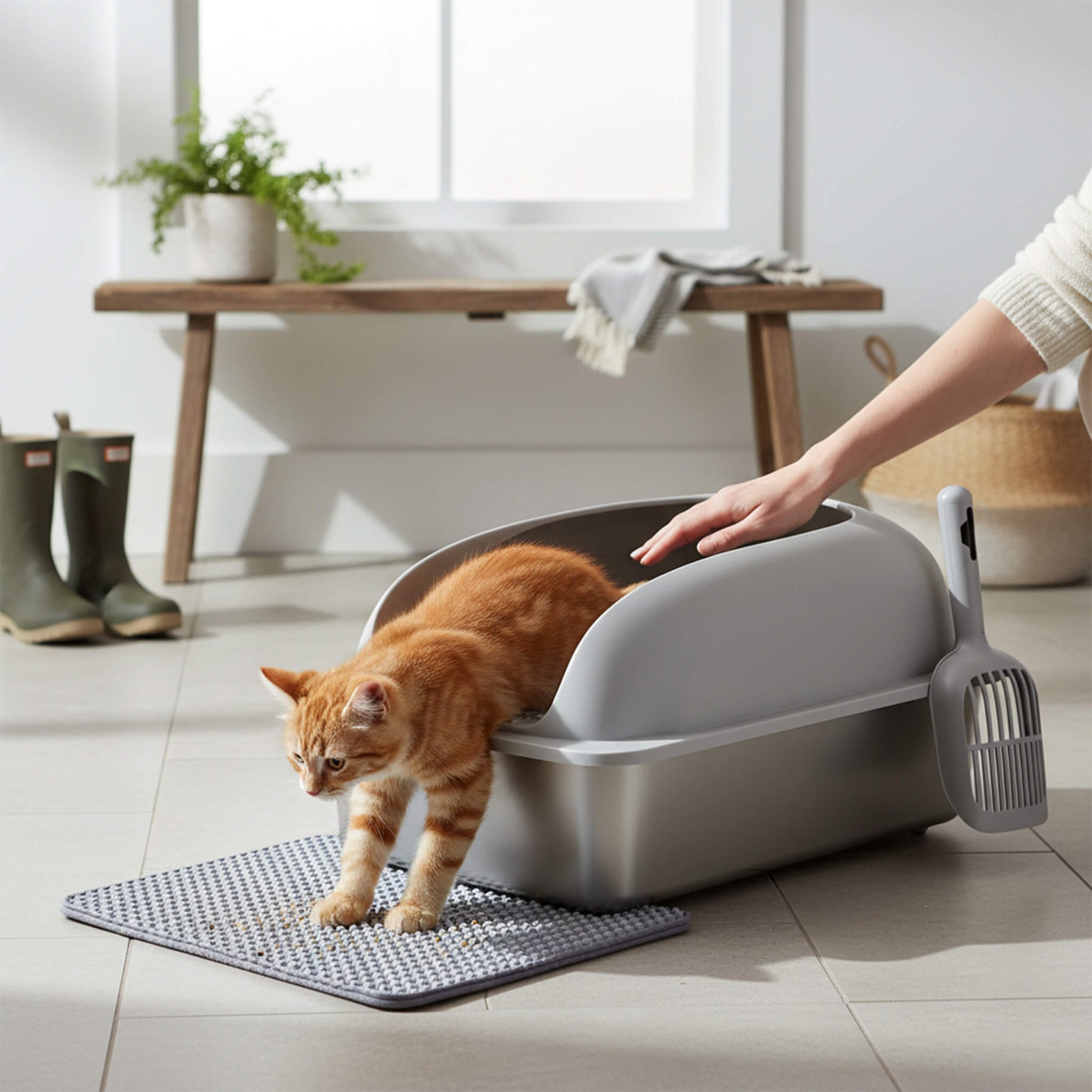 Stainless Steel Cat Litter Box with Scoop & Double-Layer Mat