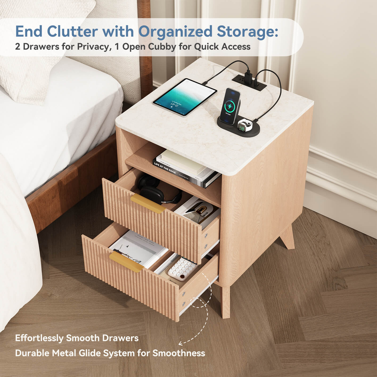 Wooden Nightstand with AC Outlets – Mid-Century Design