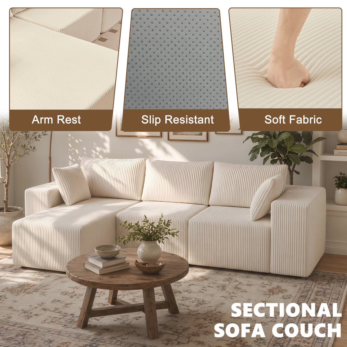 108" Modular Sectional Sofa with Chaise, Cloud Plush Corduroy Couch - Beige