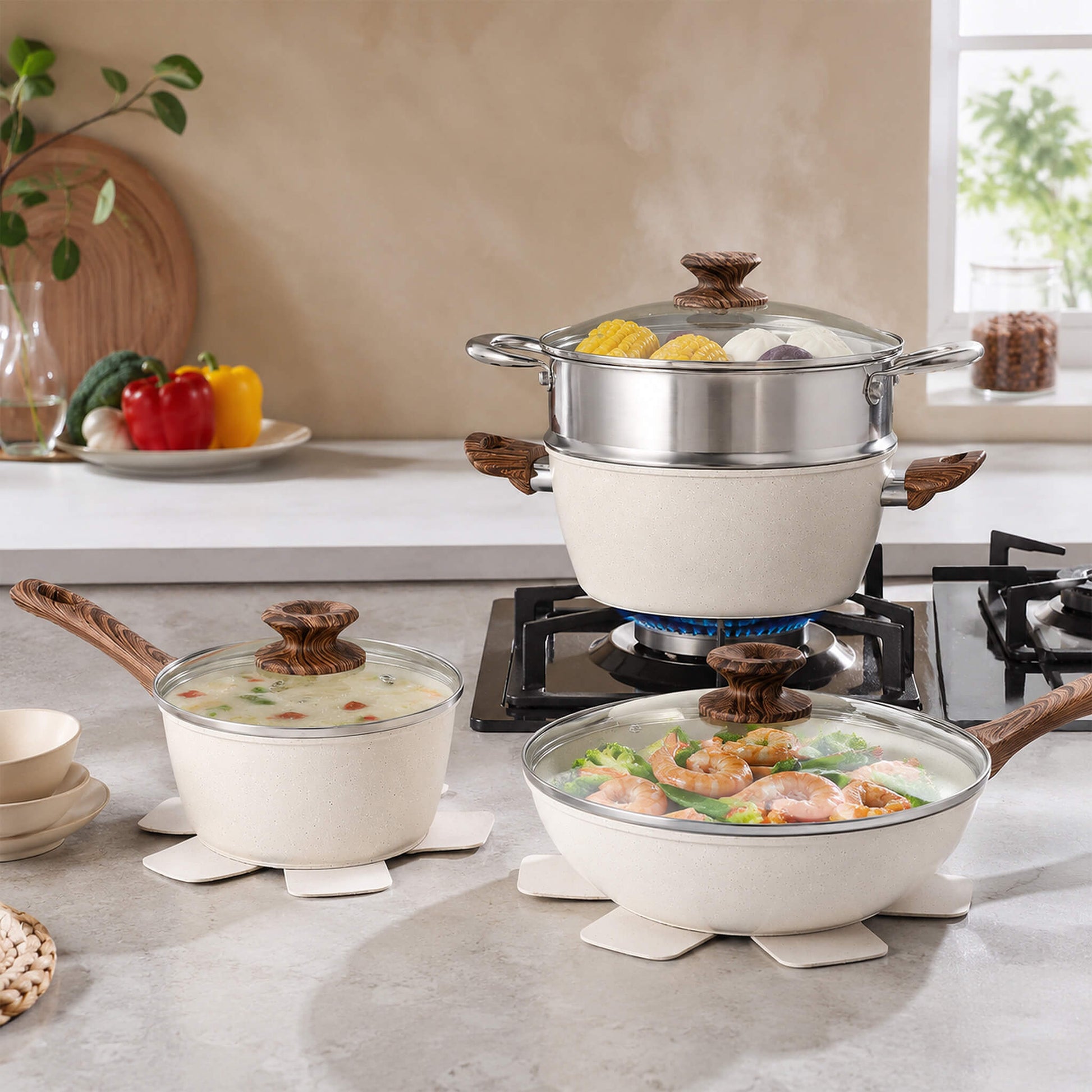 17-Piece Non-Stick Cookware Set with Detachable Handles