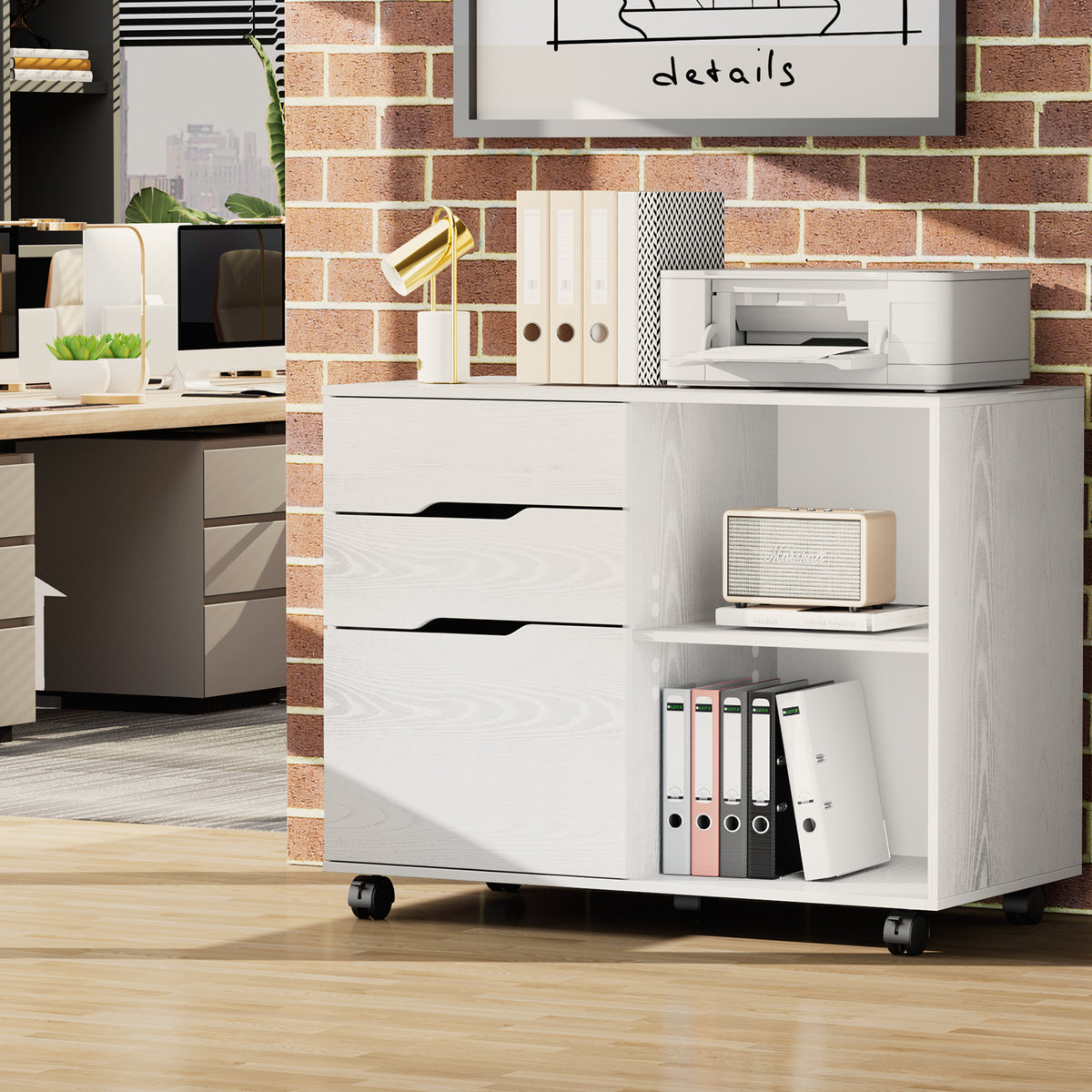 3-Drawer Rolling File Cabinet with Open Storage Shelf - Black/White