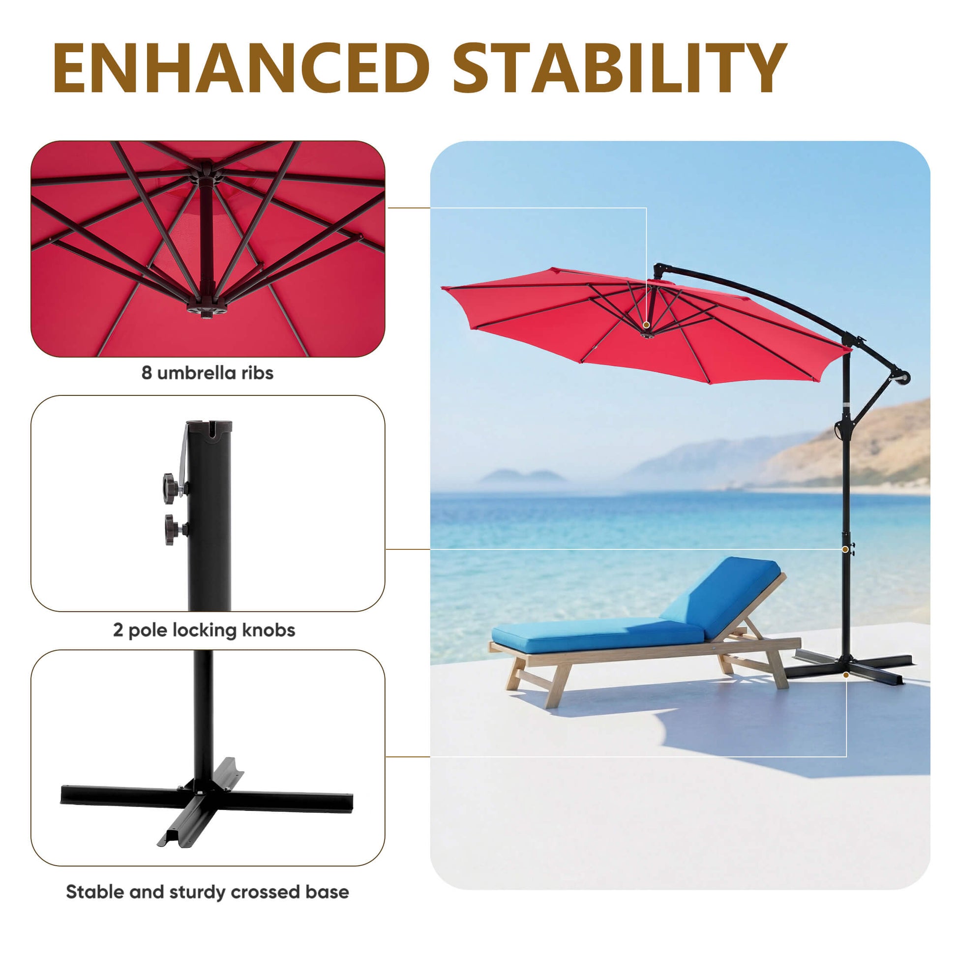 10ft Cantilever Patio Umbrella with Crank Lift Mechanism for Garden, Backyard, Poolside