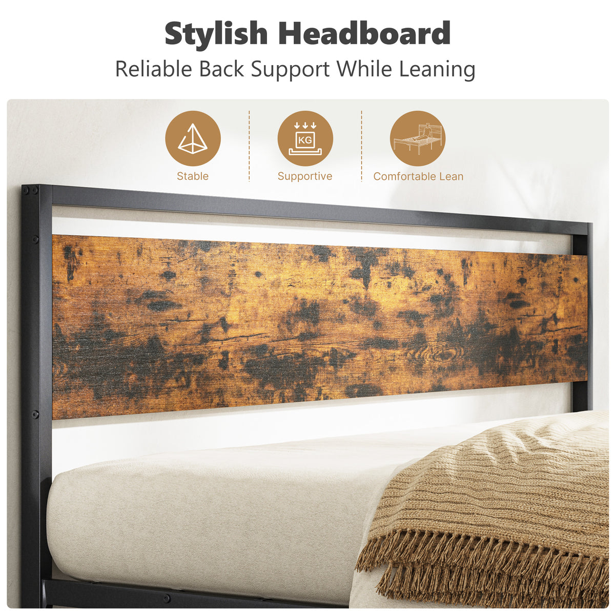 Metal Platform Bed Frame with Wooden Headboard & Footboard, No Box Spring Needed