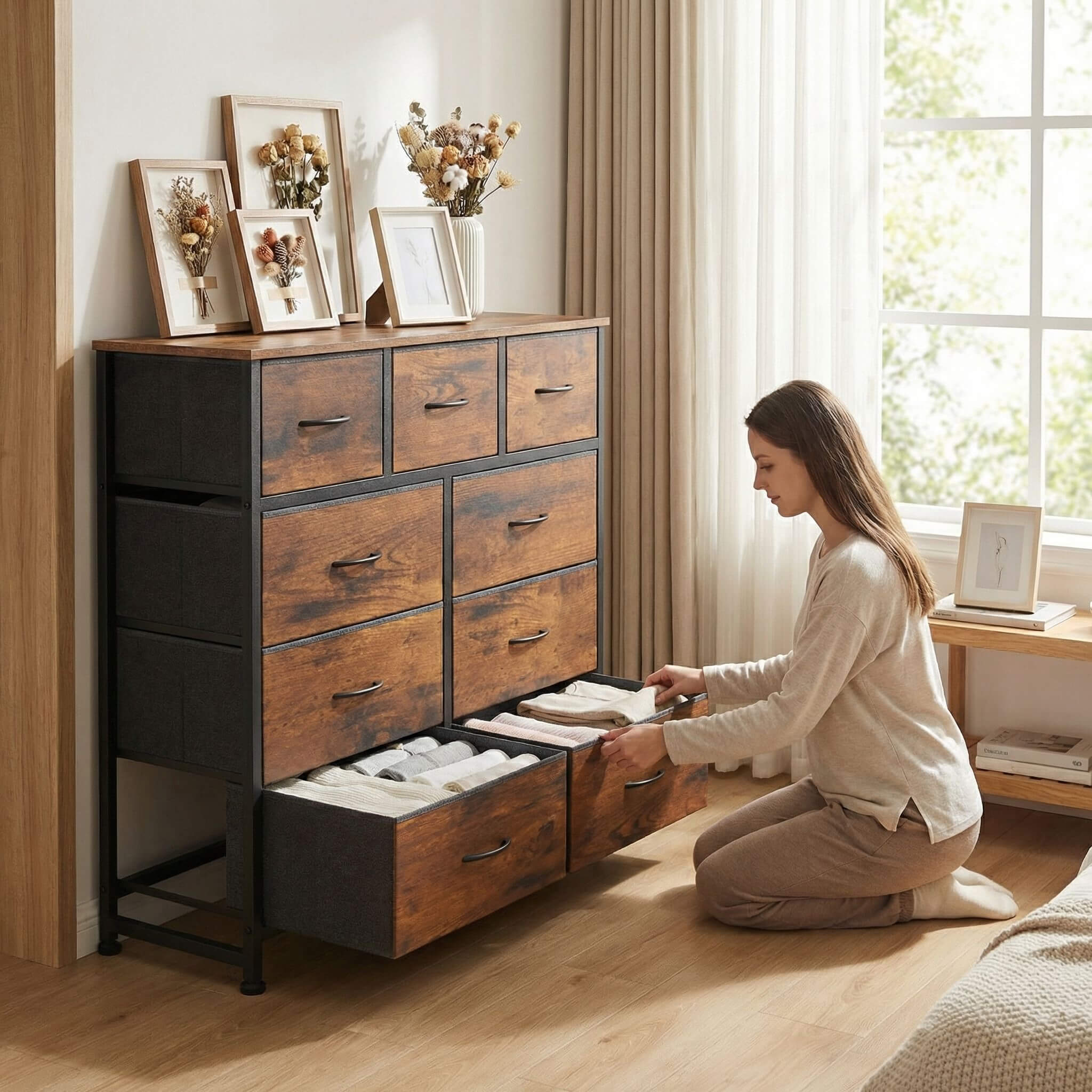 Storage Cabinet with 9 Fabric Drawer For Children's Room