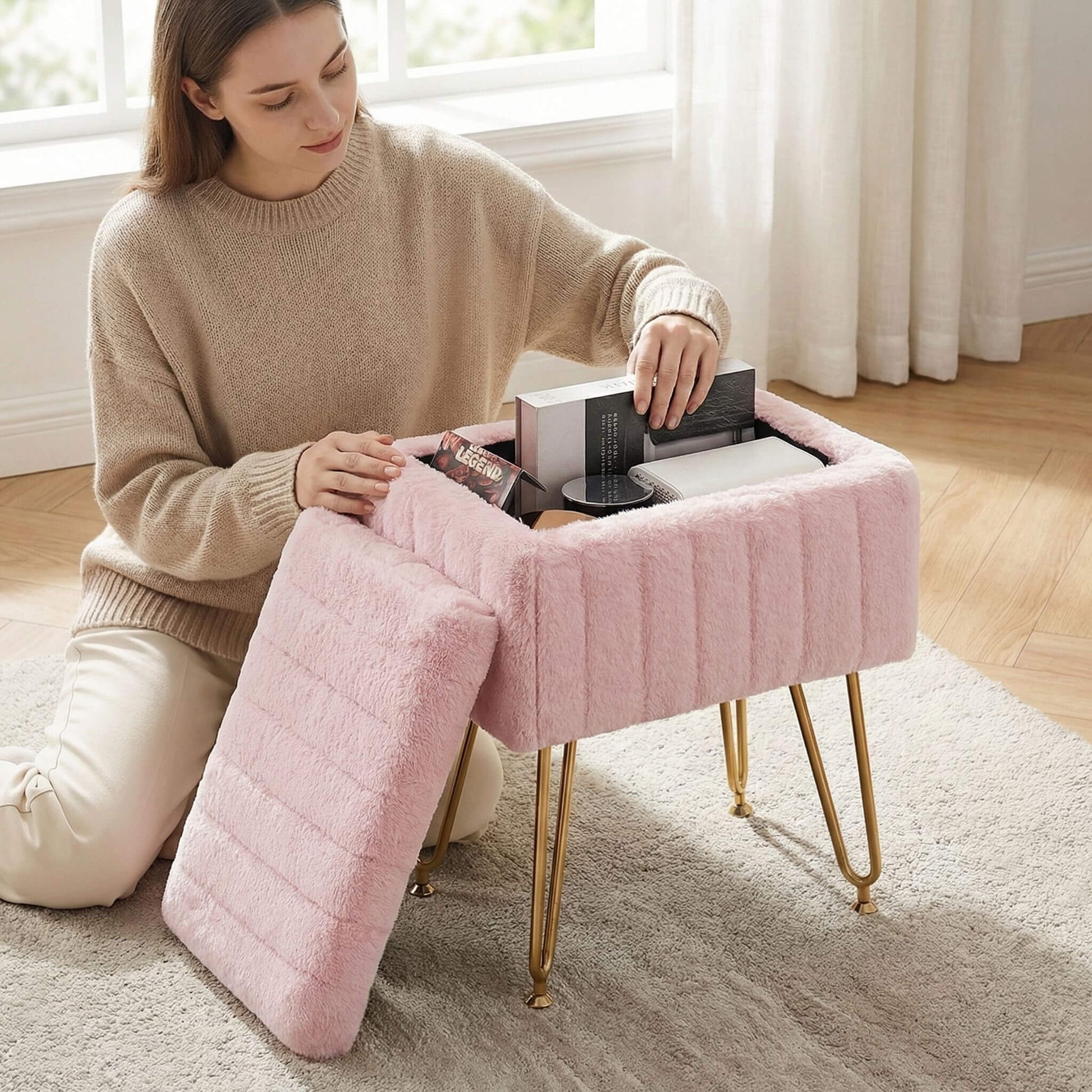 Vanity Stool Chair with Storage and Adjustable Metal Feet
