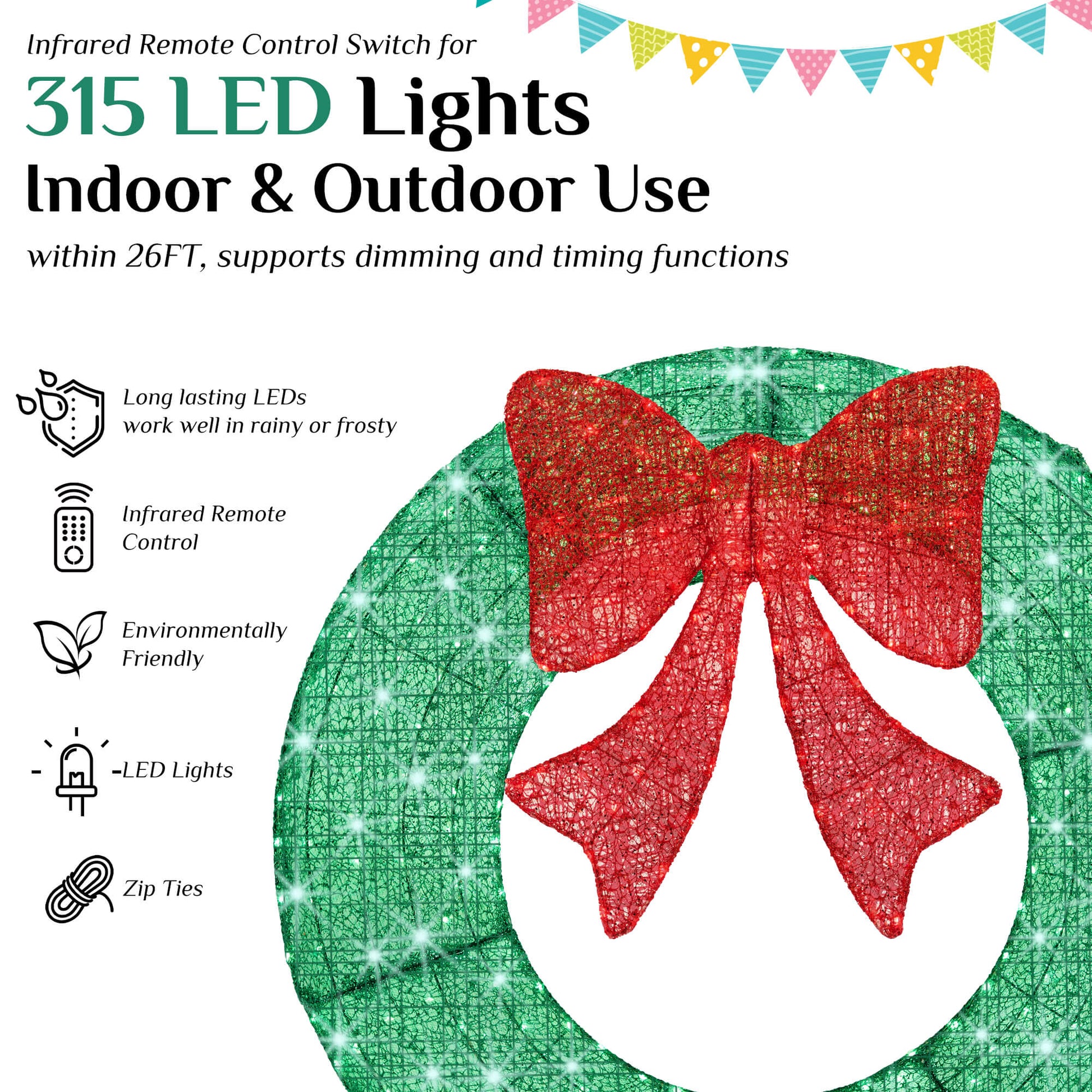 Illuminated Christmas Wreath - Outdoor Holiday Decor with Remote