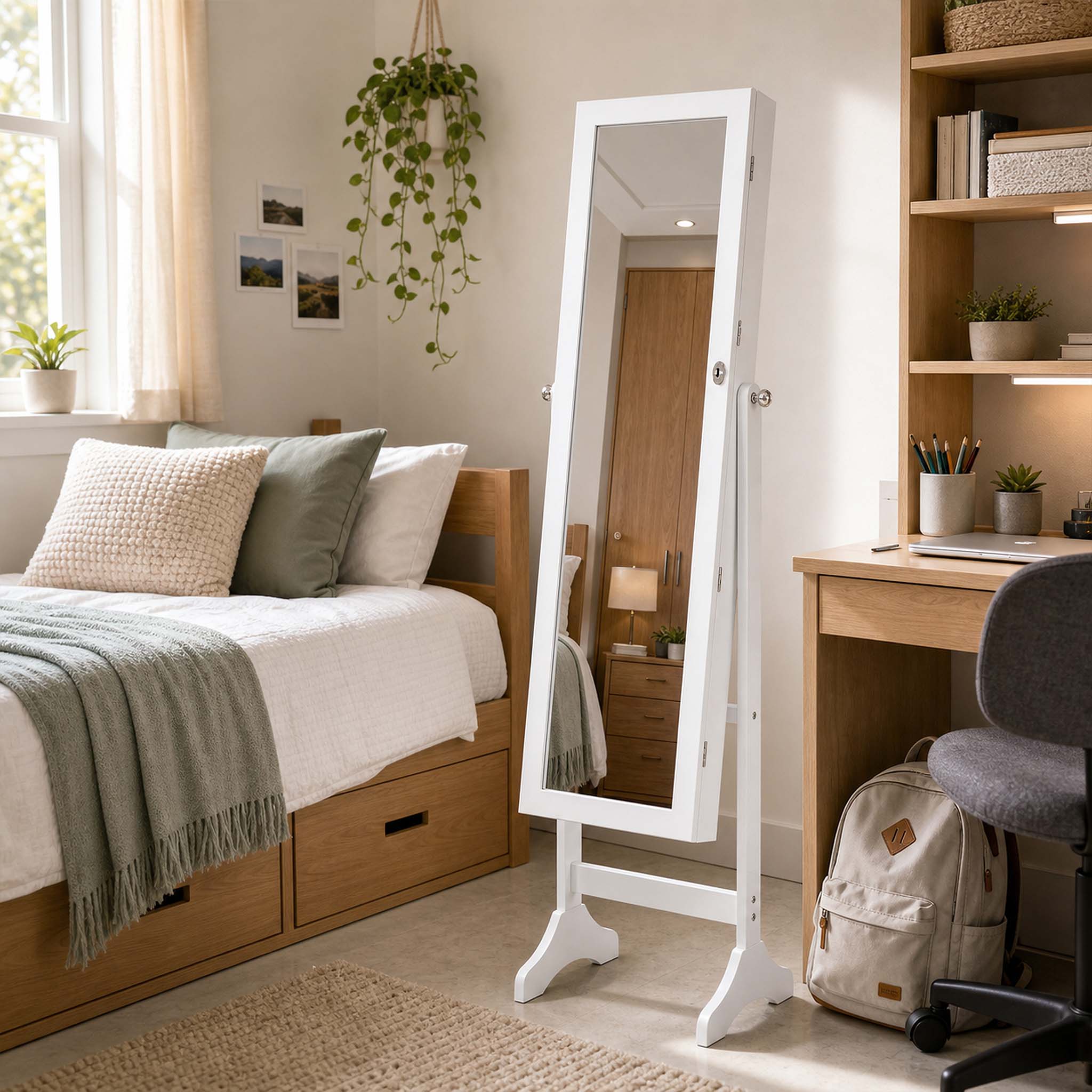Freestanding Adjustable Full Length Mirror Jewelry Cabinet