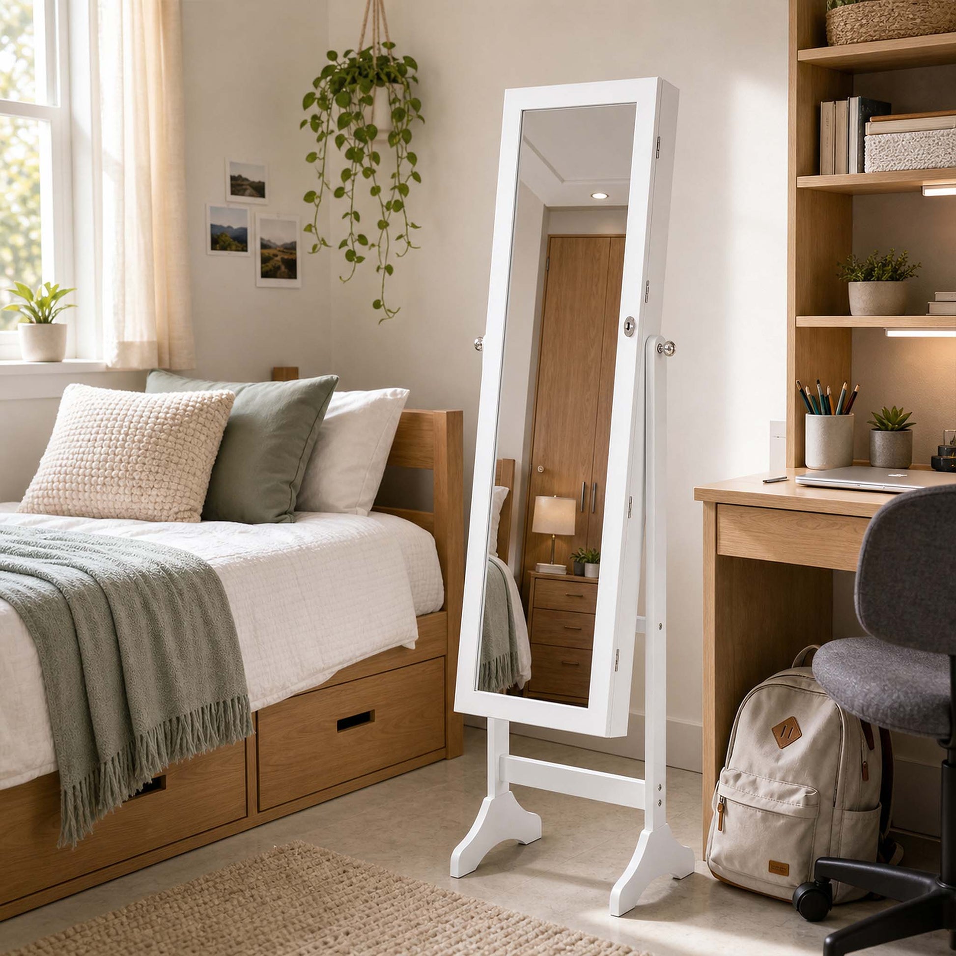 Freestanding Adjustable Full Length Mirror Jewelry Cabinet