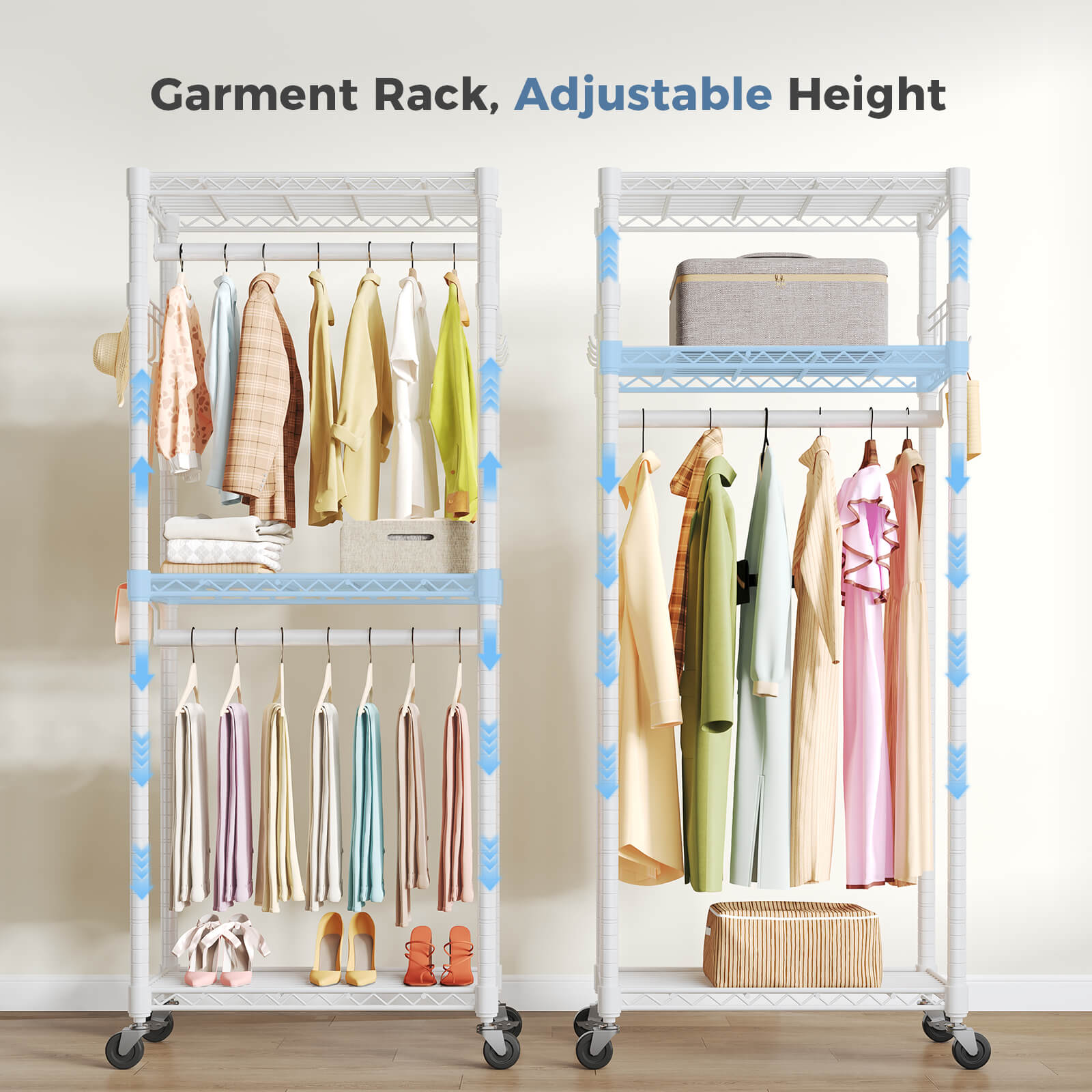Adjustable metal coat rack with shelves and hooks