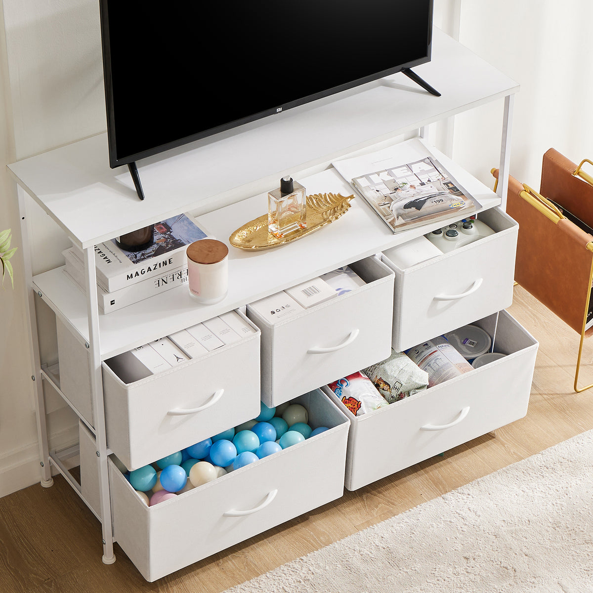 Modern TV Stand with 5 Fabric Drawers, Adjustable Feet, TV Cabinet for Living Room Bedroom