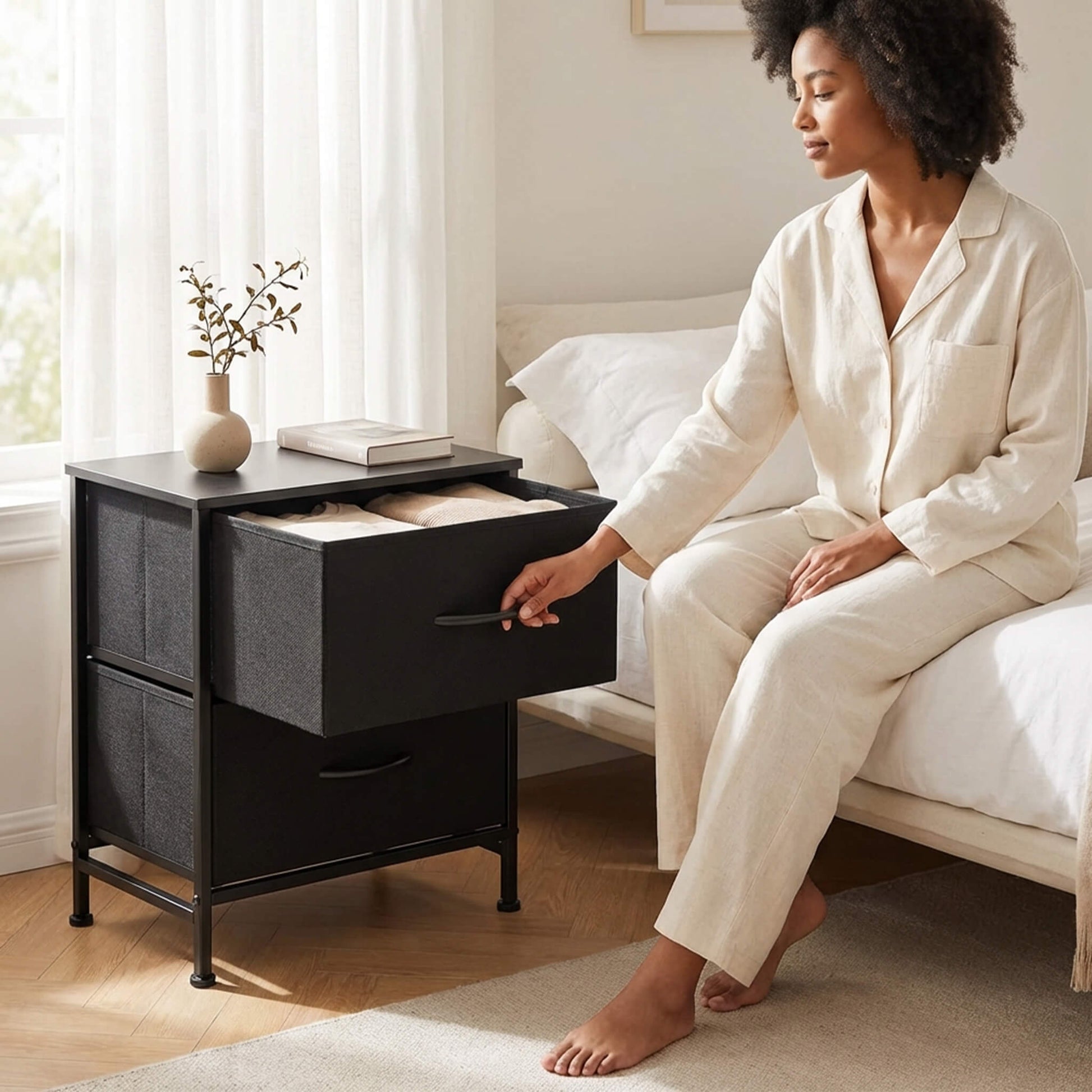 Nightstand Small Dresser With 2 Fabric Drawers Side Bedroom