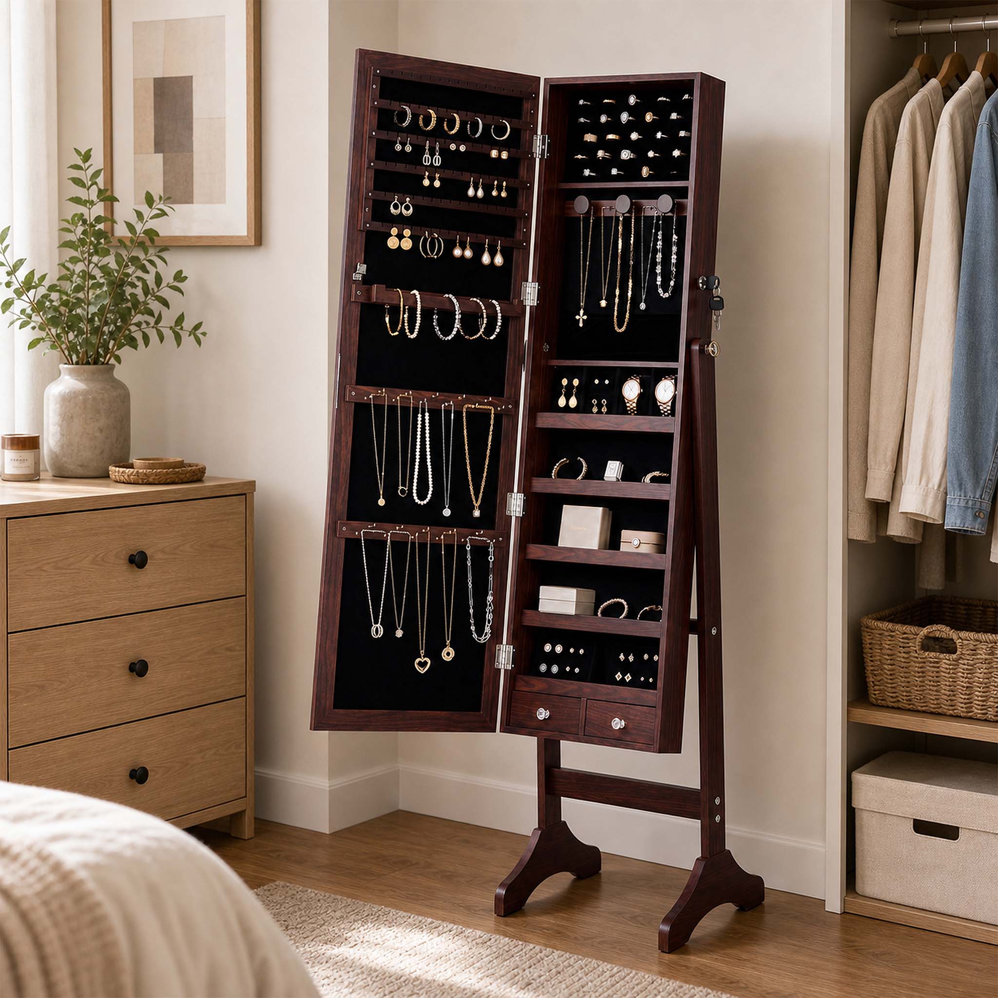 Freestanding Adjustable Full Length Mirror Jewelry Cabinet