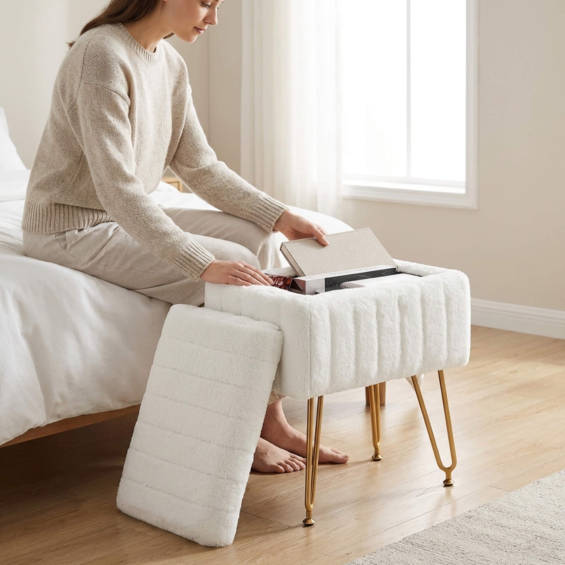 Vanity Stool Chair with Storage and Adjustable Metal Feet