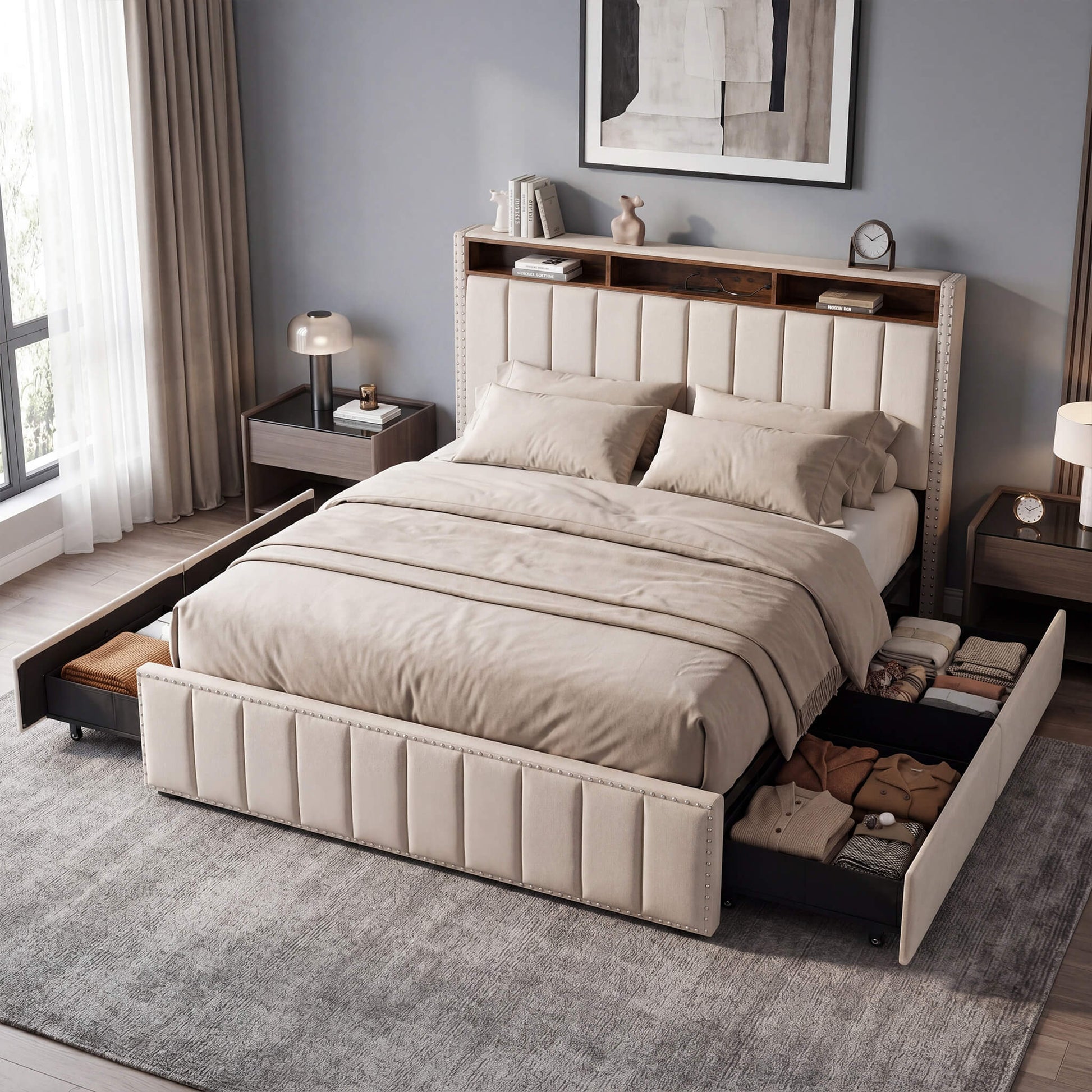 Storage Bed Frame with 4 Drawers – USB & LED Headboard
