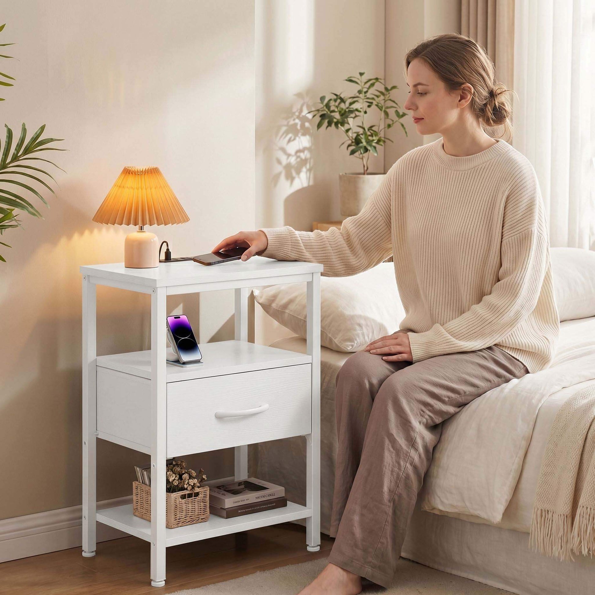Modern Nightstand with Power Outlets and Fabric Drawer