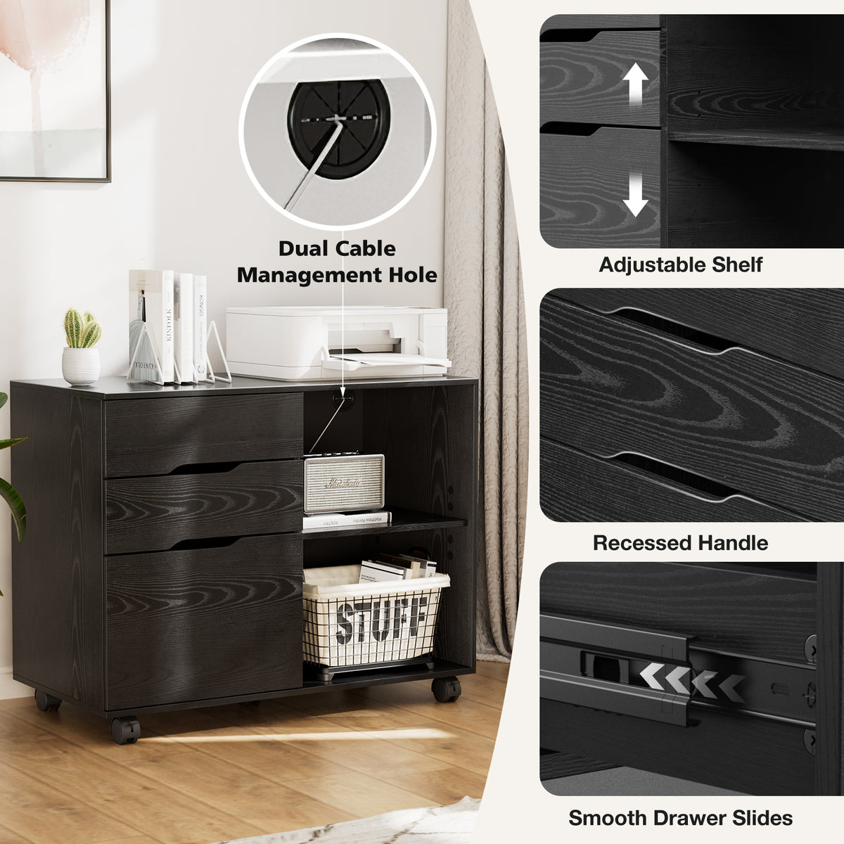 3-Drawer Rolling File Cabinet with Open Storage Shelf - Black/White