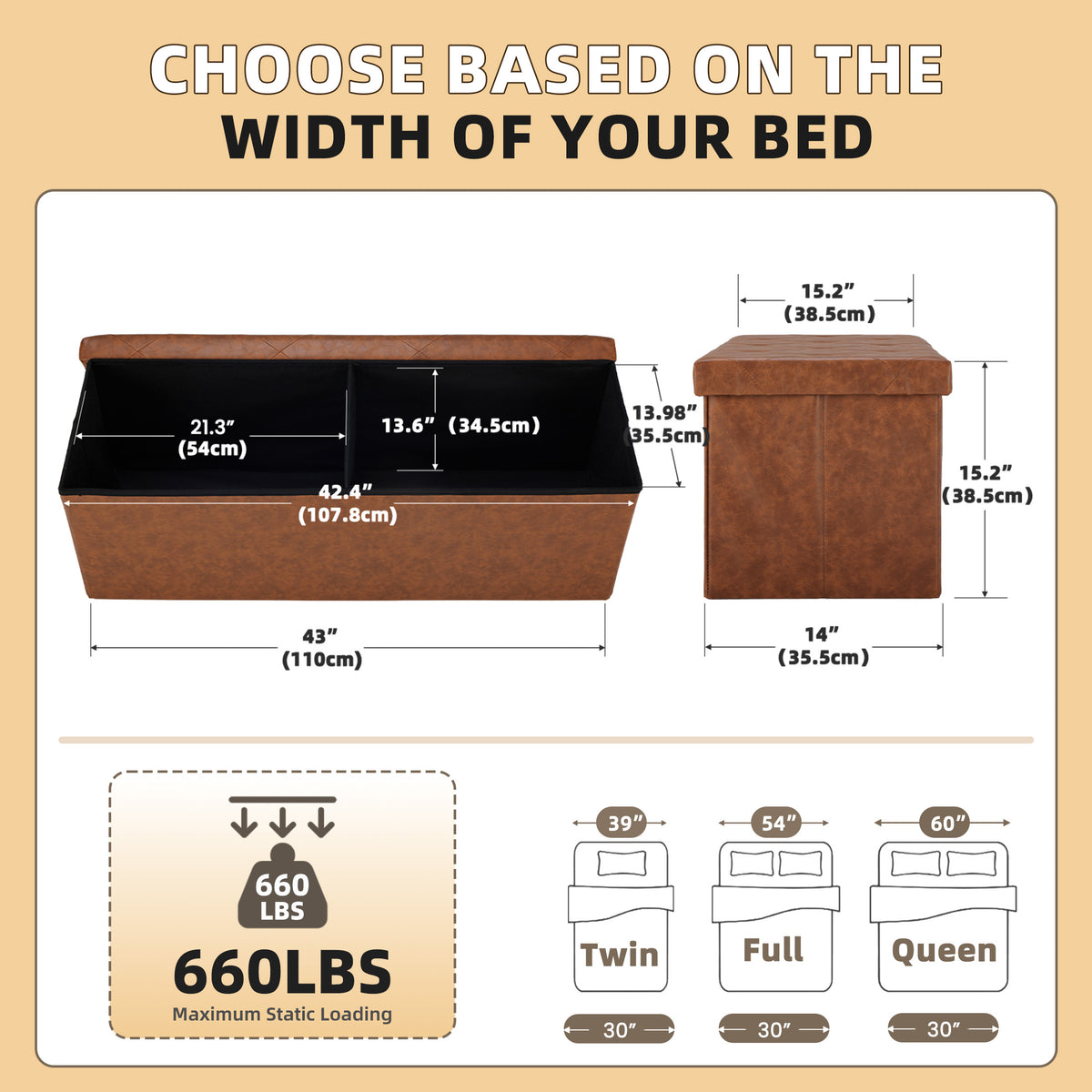 Storage Ottoman Bench, Foldable PVC Leather Chest &amp; Foot Stool with Padded Seat for Bedroom, Supports 660 lbs