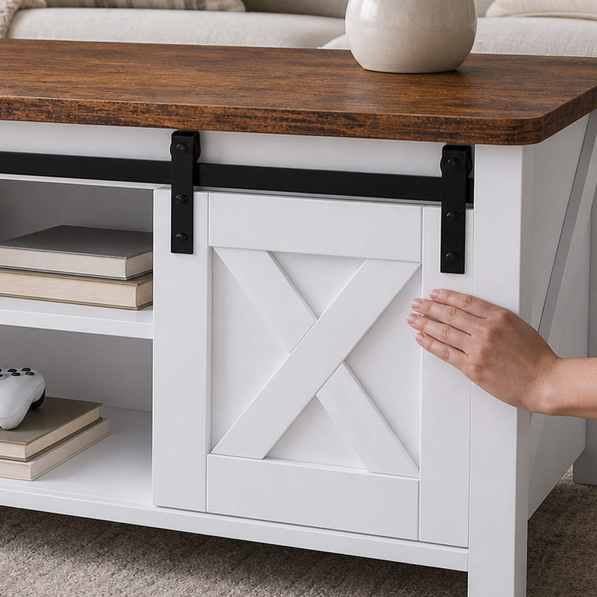 Square Coffee Table with Lift-Top Storage and Sliding Barn Doors