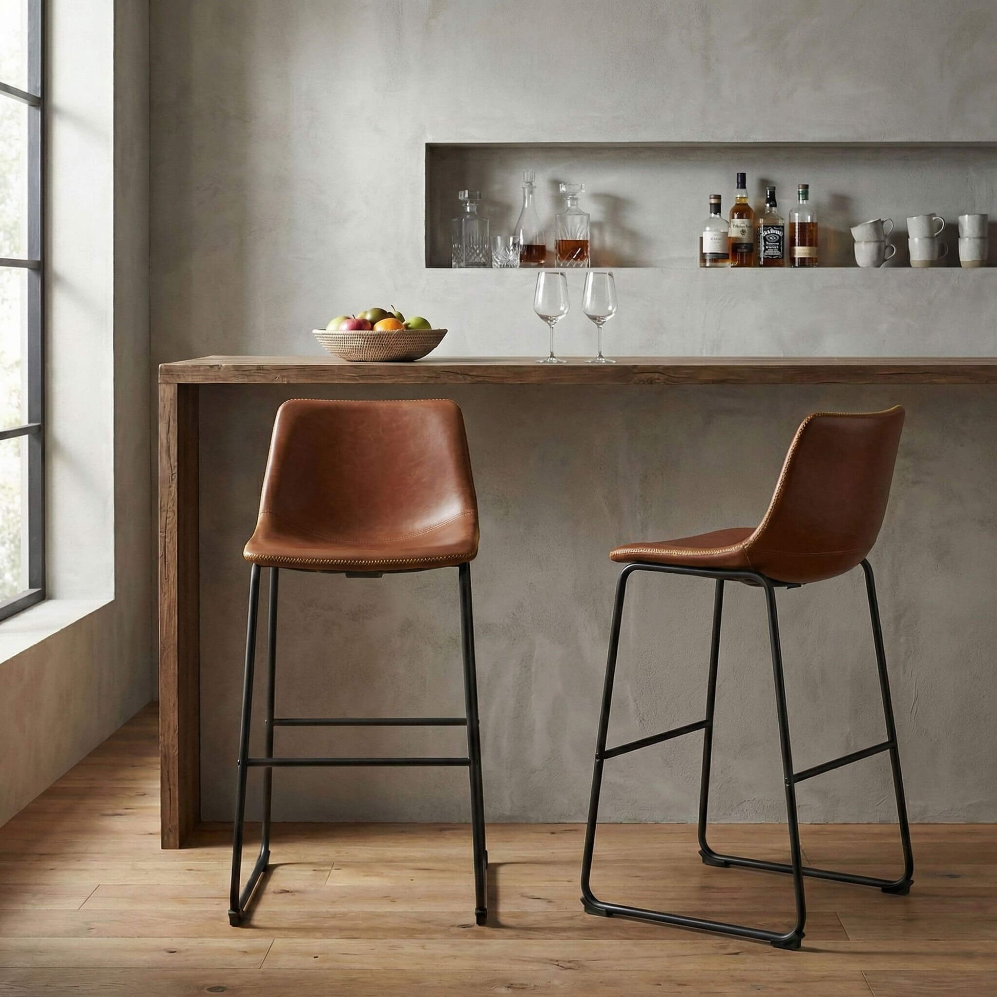 Faux Leather Bar Stools with Metal Legs for Kitchen & Counter