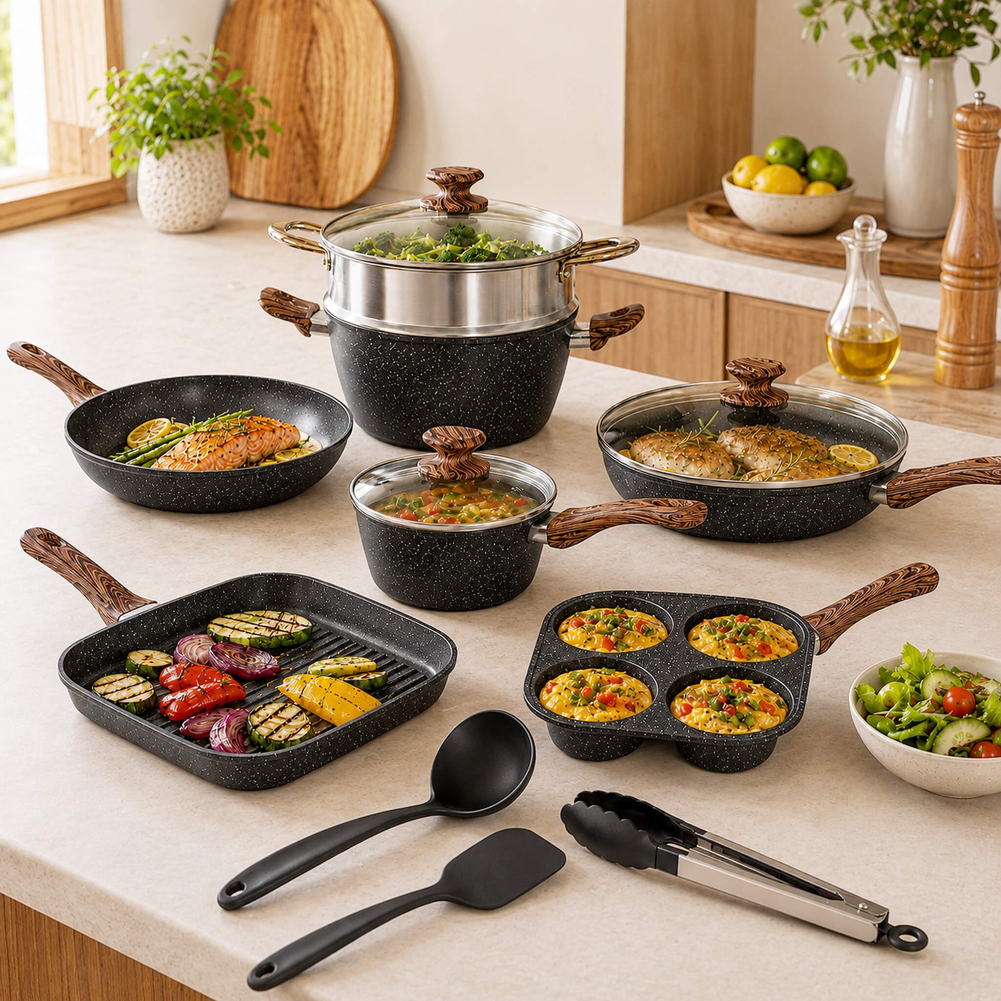 17-Piece Non-Stick Cookware Set with Detachable Handles