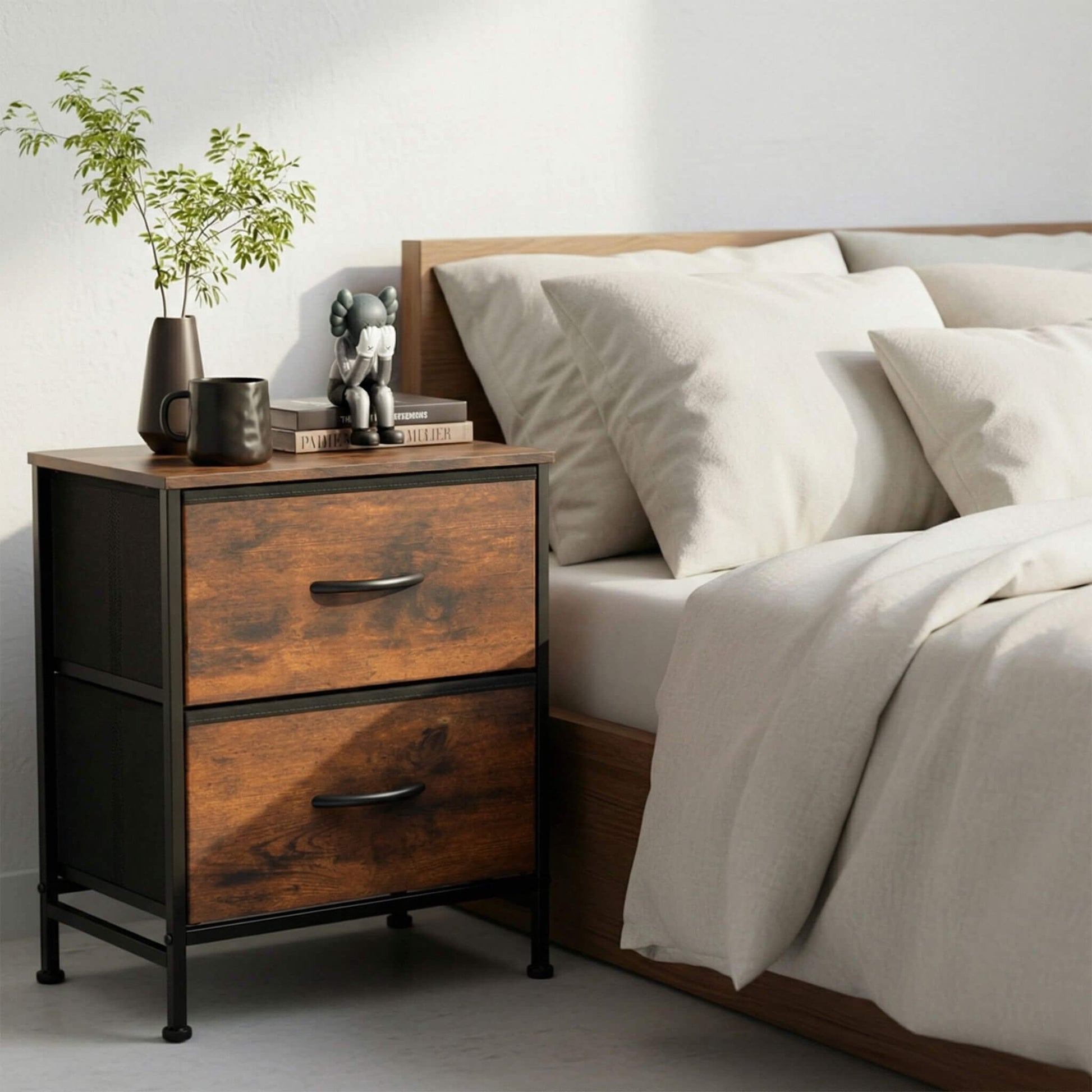 Nightstand Small Dresser With 2 Fabric Drawers Side Bedroom