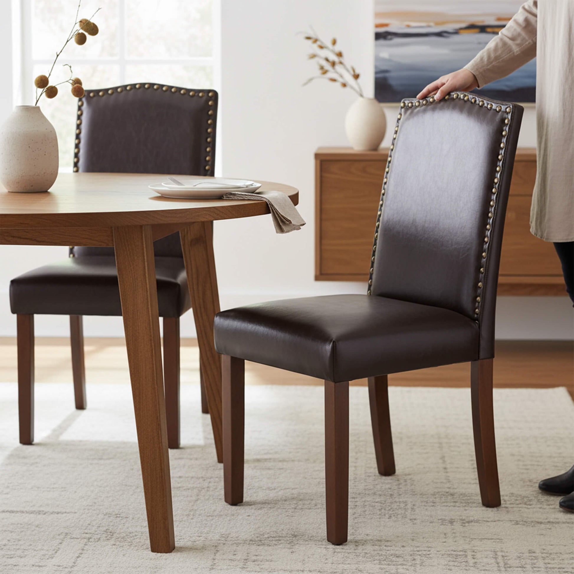 Wooden Dining Chair with Leather Cushion for Dining Room
