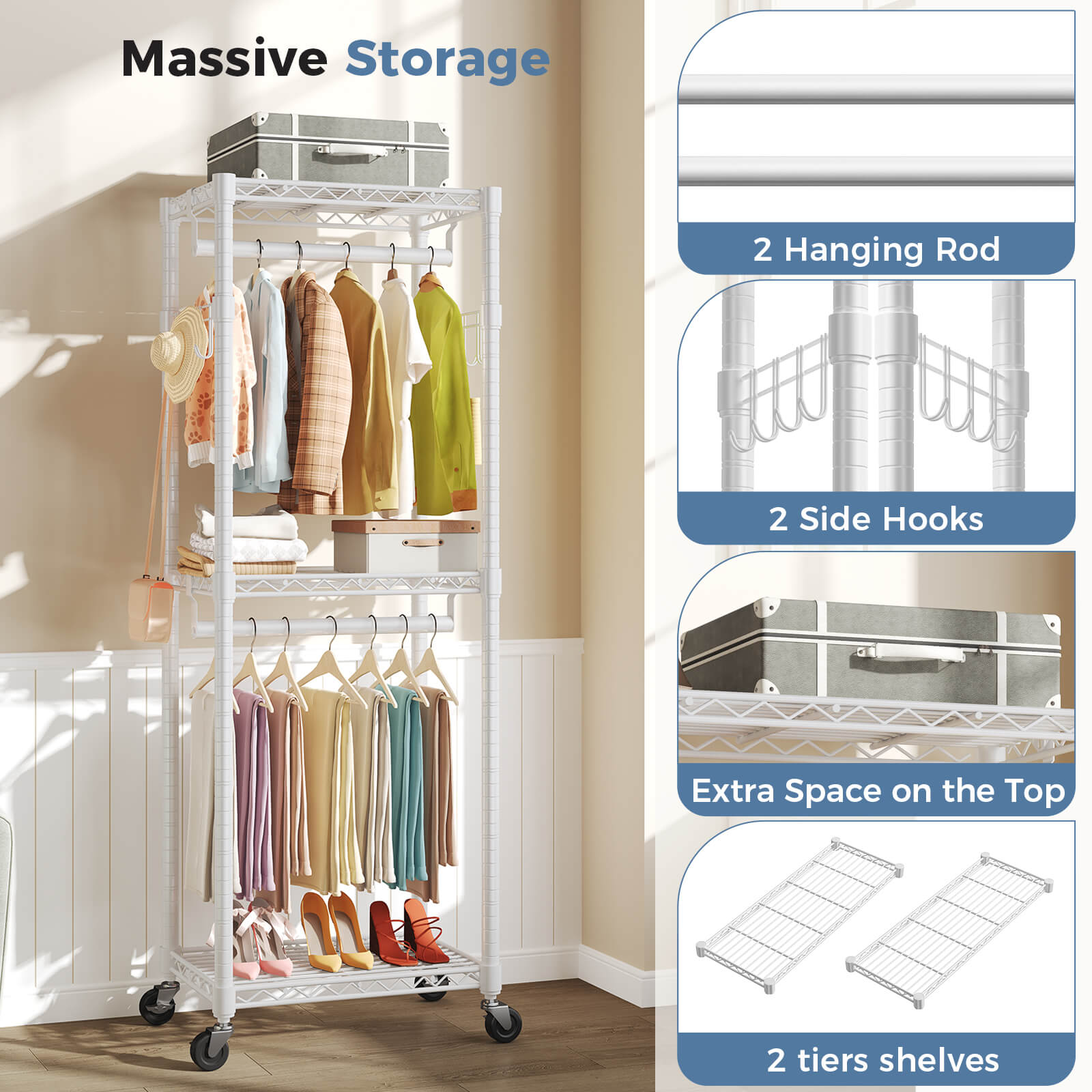 Adjustable metal coat rack with shelves and hooks