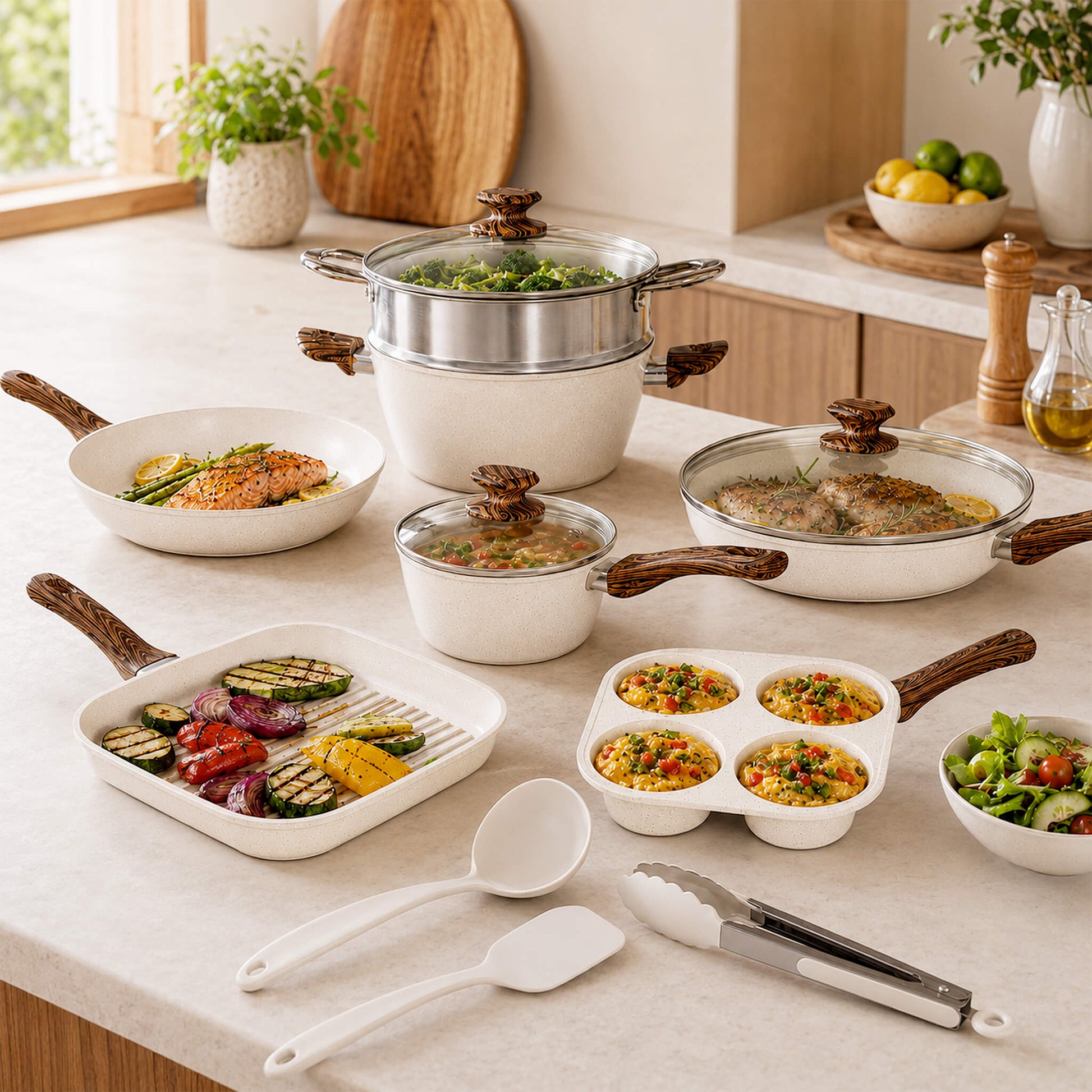 17-Piece Non-Stick Cookware Set with Detachable Handles