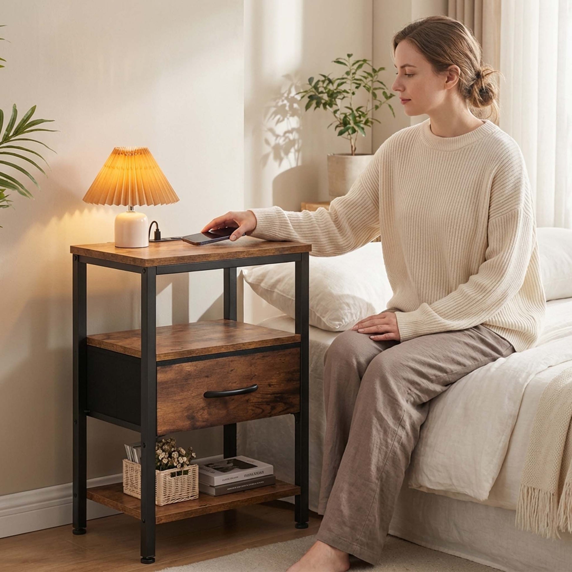 Modern Nightstand with Power Outlets and Fabric Drawer