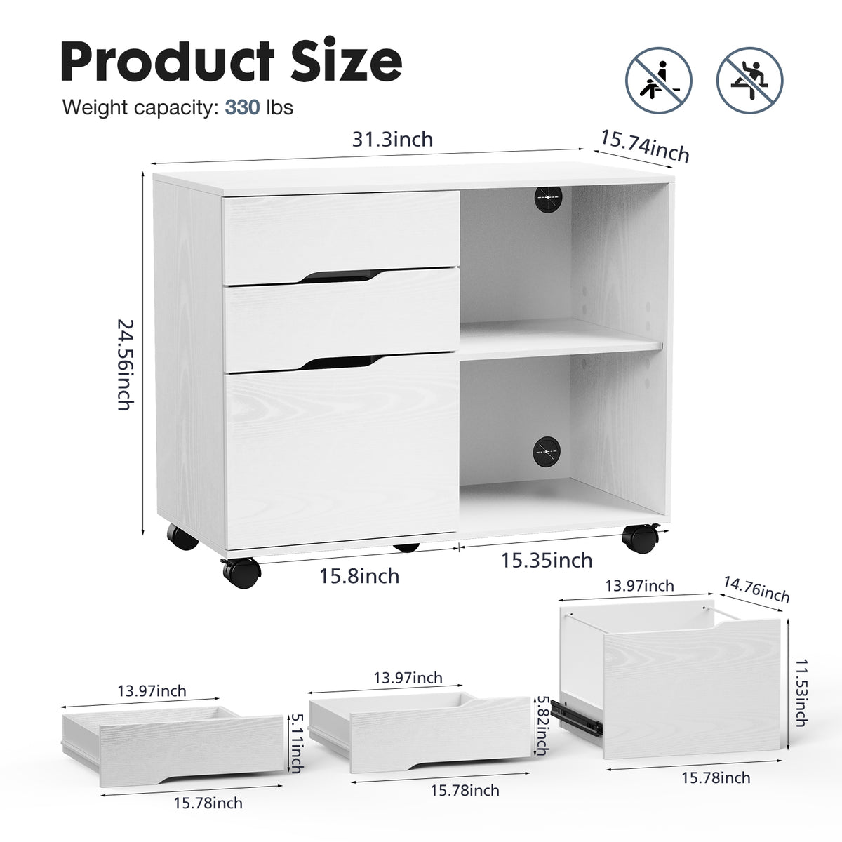 3-Drawer Rolling File Cabinet with Open Storage Shelf - Black/White