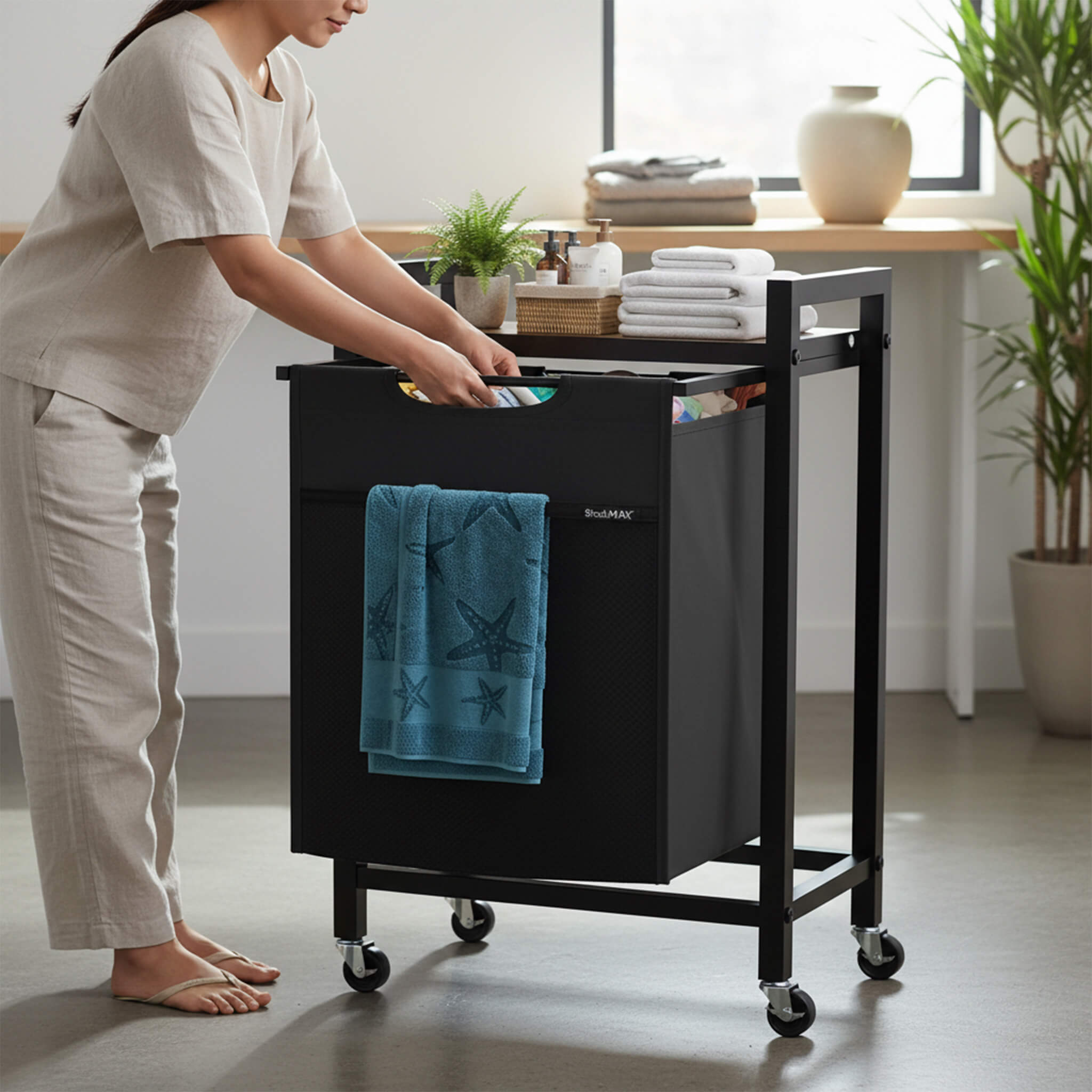 Rolling Laundry Basket with Shelf with Multiple Drawers