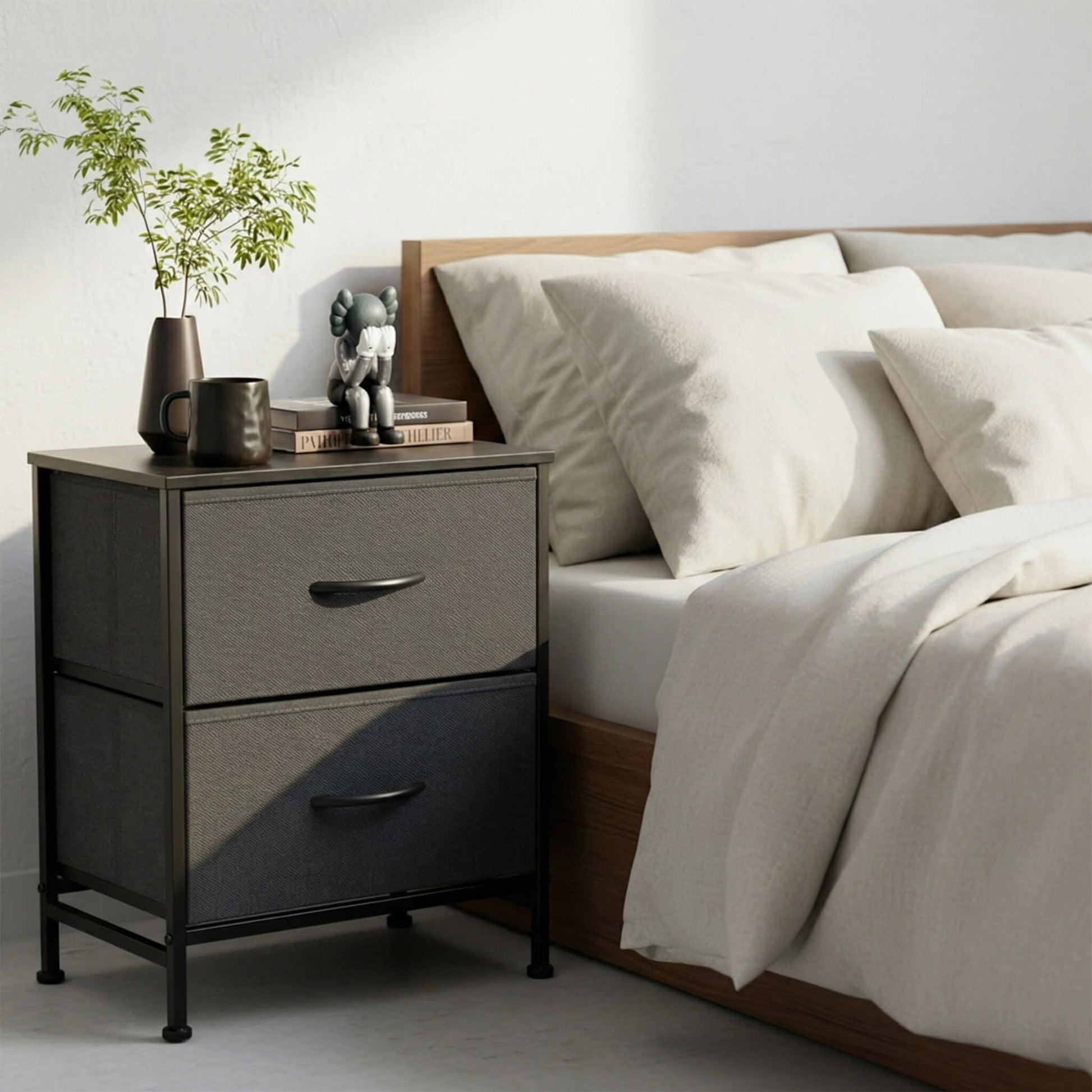 Nightstand Small Dresser With 2 Fabric Drawers Side Bedroom
