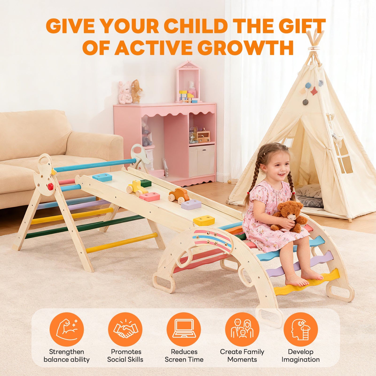 9-in-1 Pikler Triangle Set - Foldable Wooden Montessori Climber with Arch, Ramp & Ladder for Toddlers, Indoor Jungle Gym